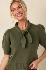 Tied Up Beautifully Olive Knit Tie Neck Top