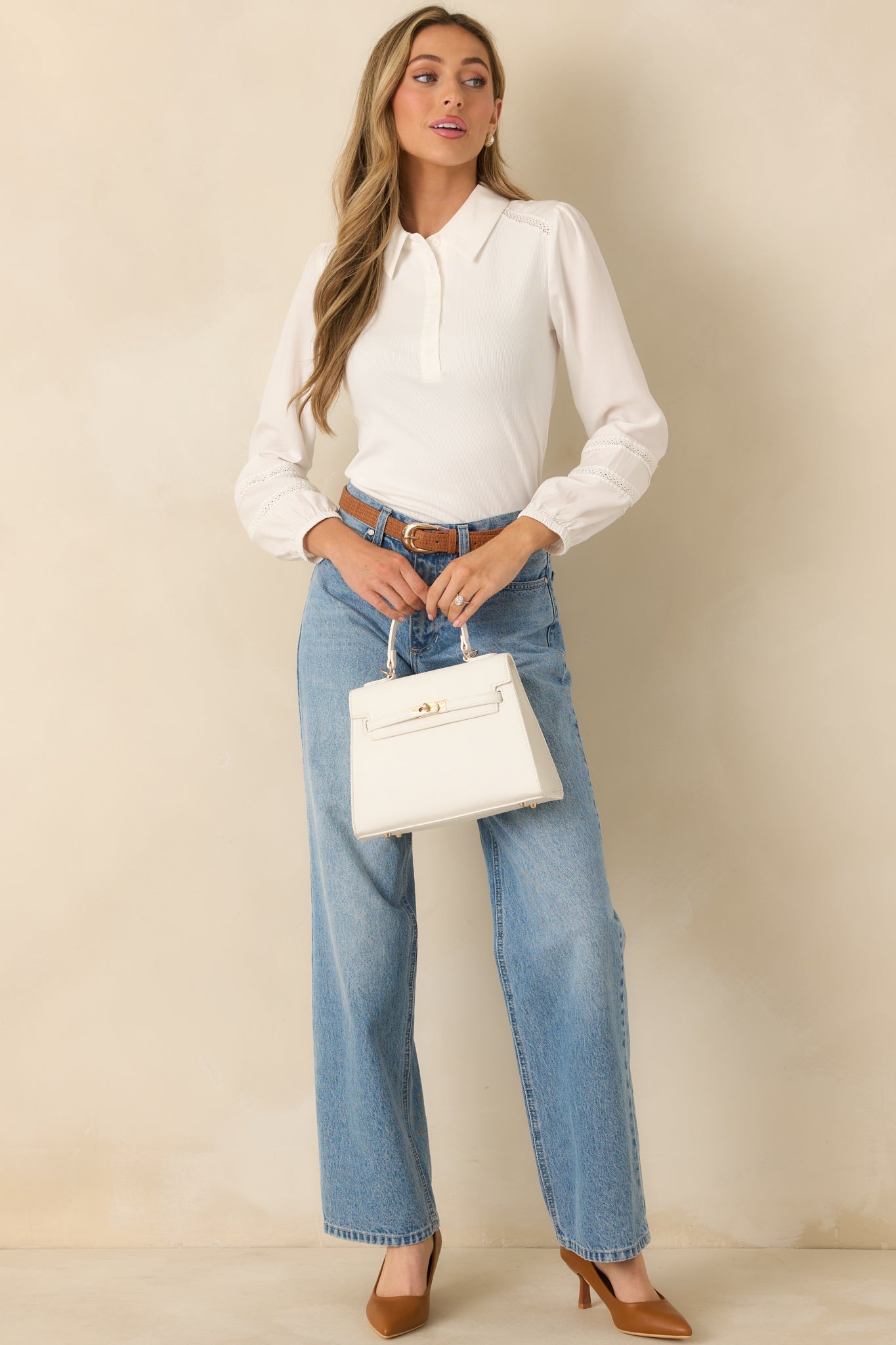 Effortlessly Neat White Ribbed Knit Lace Detail Collared Top