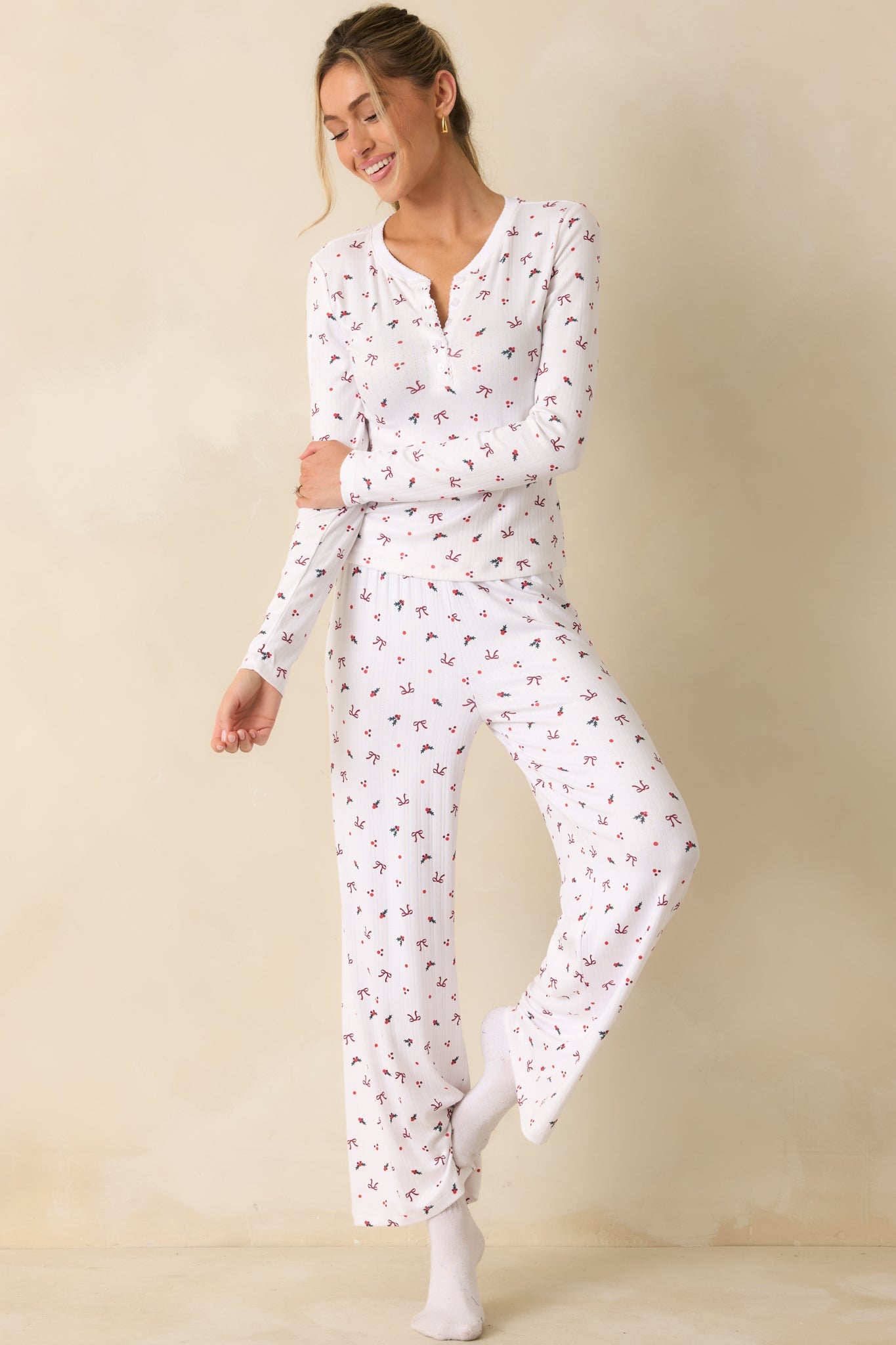 Z Supply White Multi Holly Pointelle Long Sleeve Pajama Top