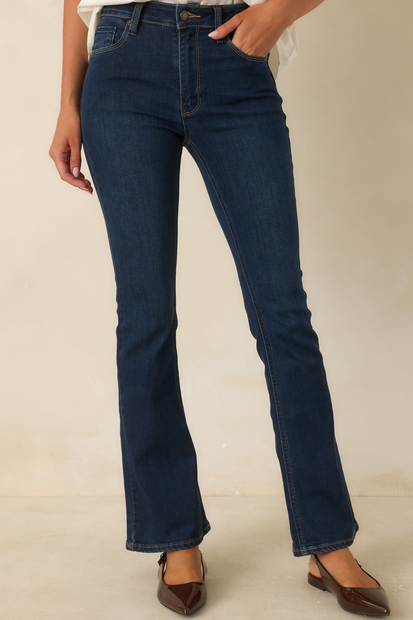 Get a Little Dark Wash Cotton Denim Slight Flare Jeans