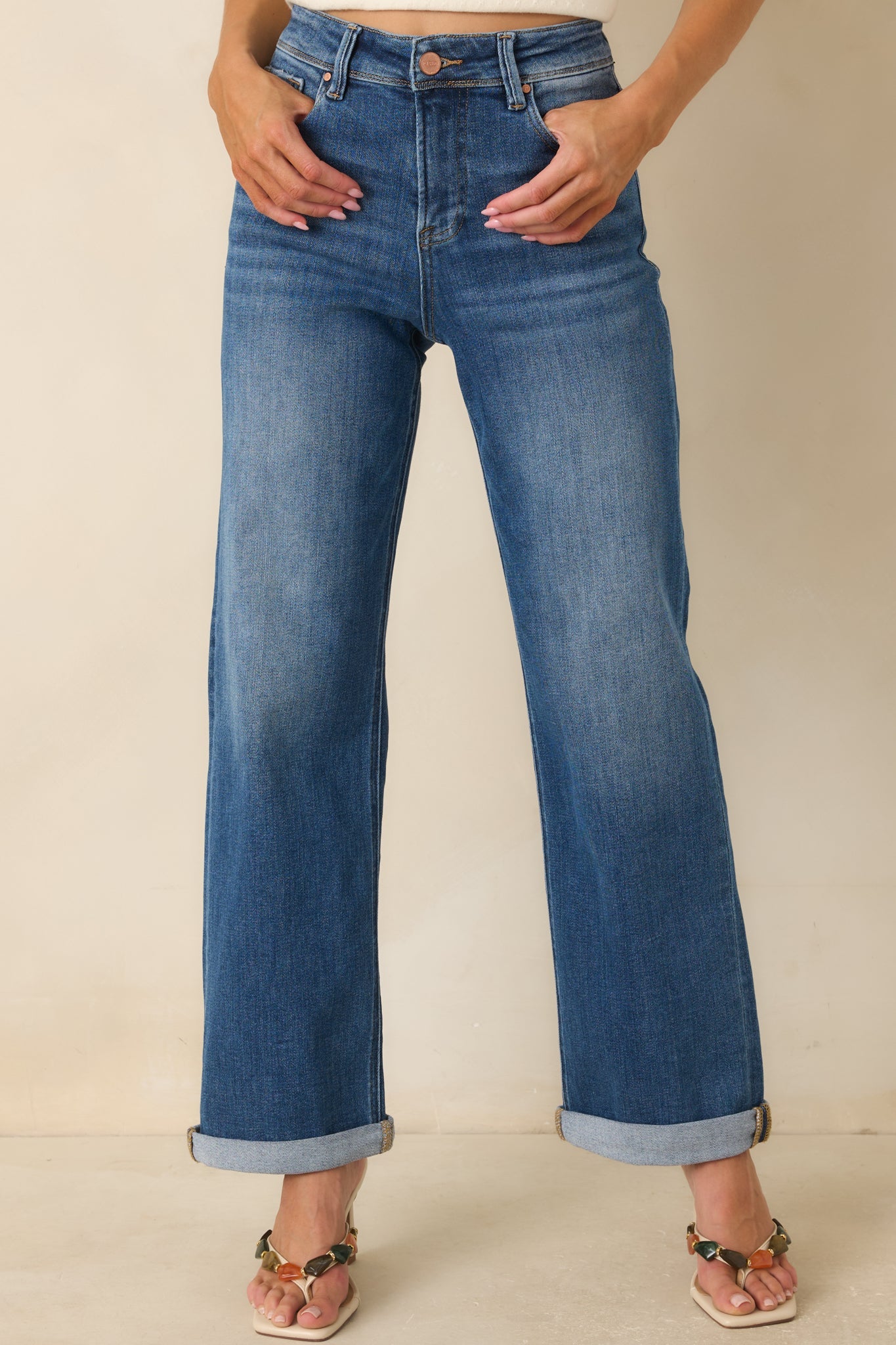 Let's Roll Medium Wash High Rise Cuffed Straight Leg Jeans
