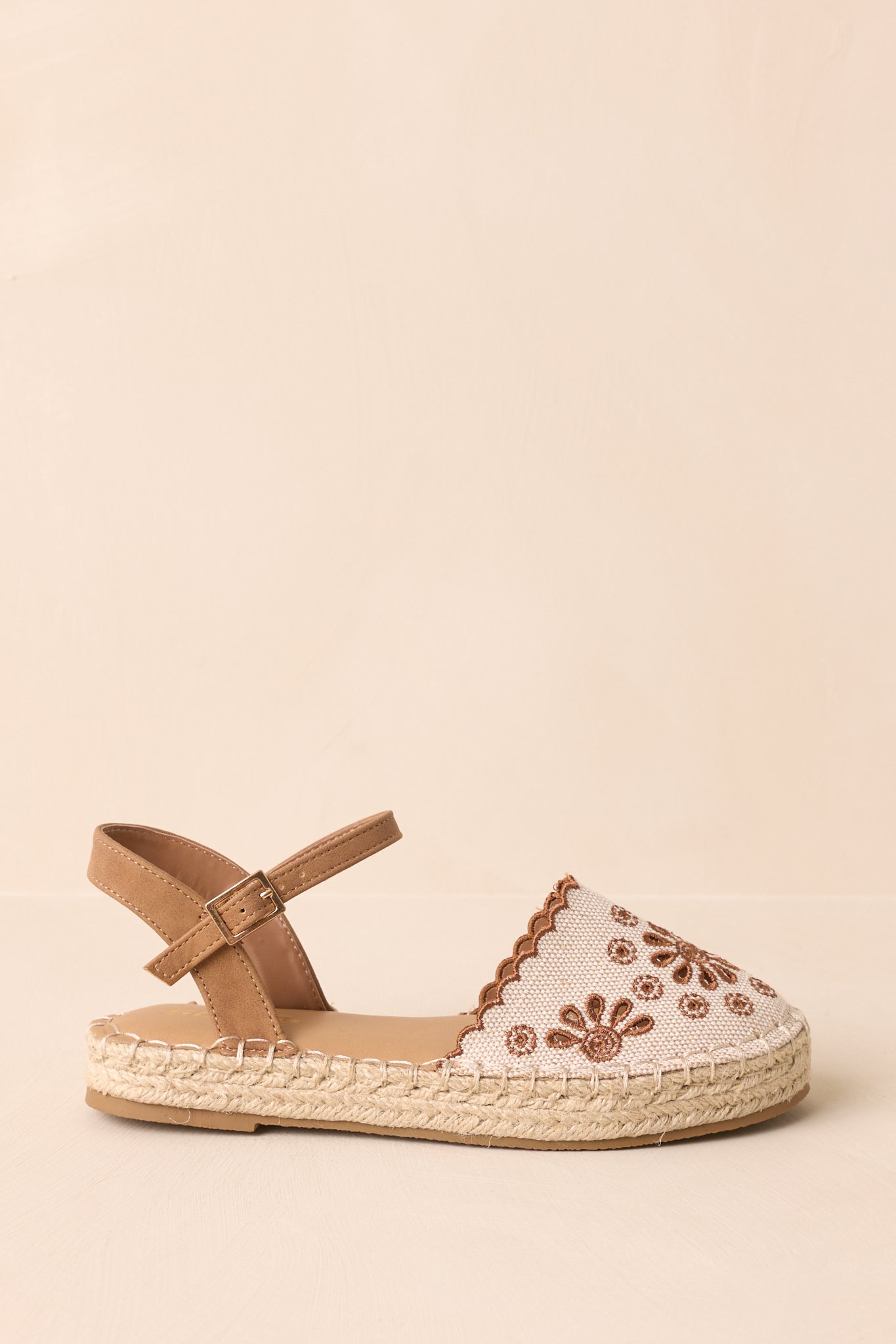 Running Late Canvas Brown Embroidered Eyelet Flat Espadrille Sandals