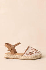 Running Late Canvas Brown Embroidered Eyelet Flat Espadrille Sandals