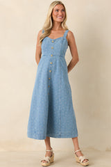 Dreaming in Blue Light Wash Denim Floral Midi Dress