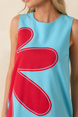 Mood Booster Light Blue & Red Appliqué Mini Shift Dress