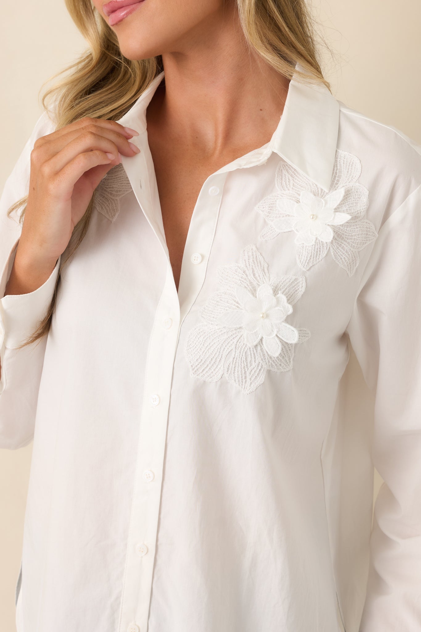 Little Details Matter White Floral Appliqué Button-Up Blouse
