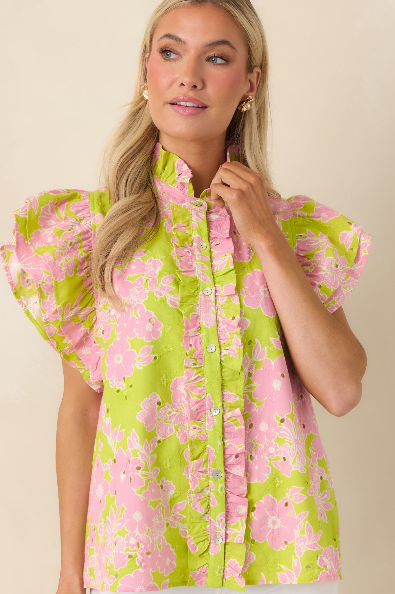 Make It Known Chartreuse & Pink Floral Cotton Eyelet Top