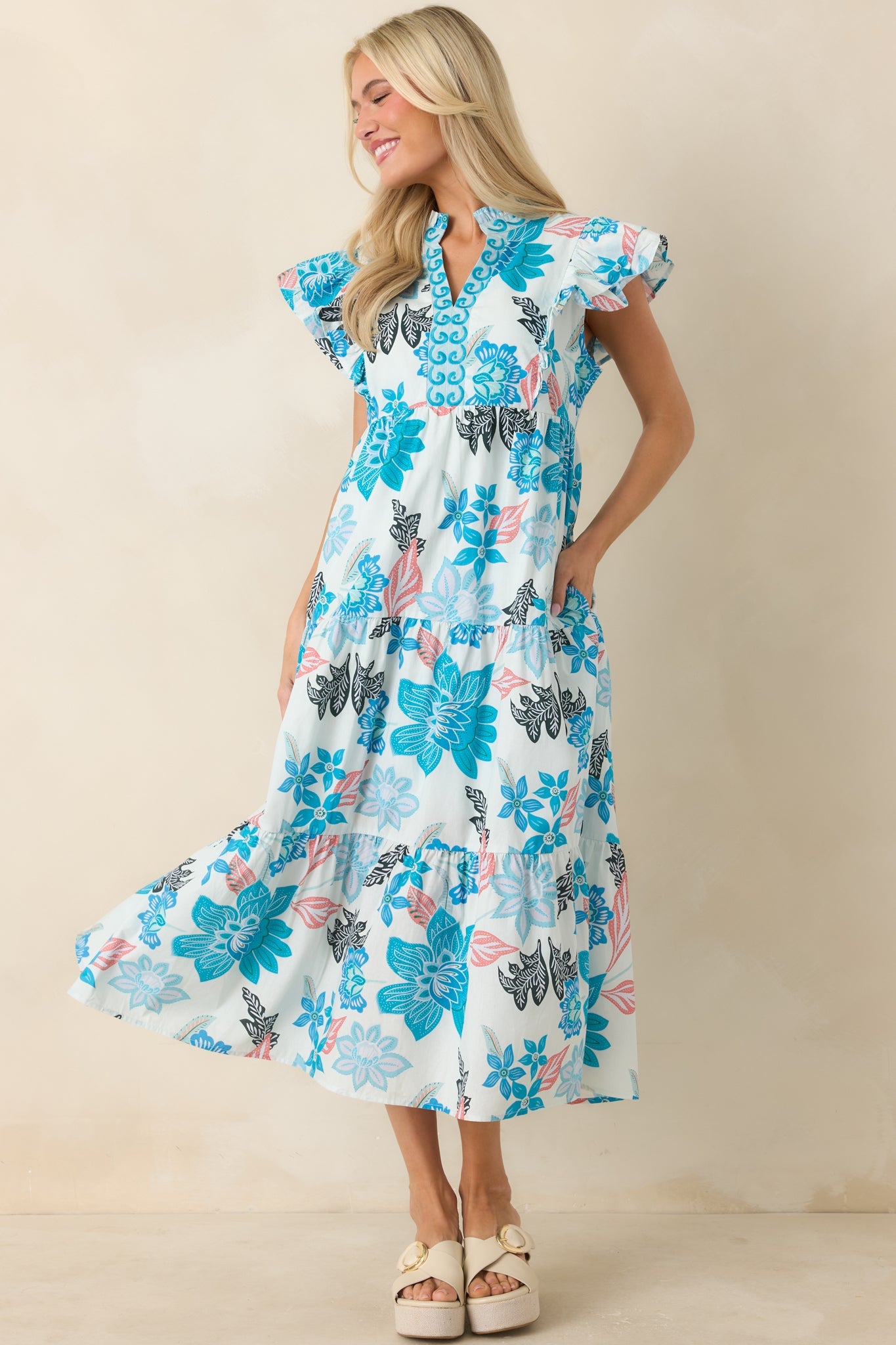 Artful Ease Teal Multi Embroidered Cotton Tiered Midi Dress