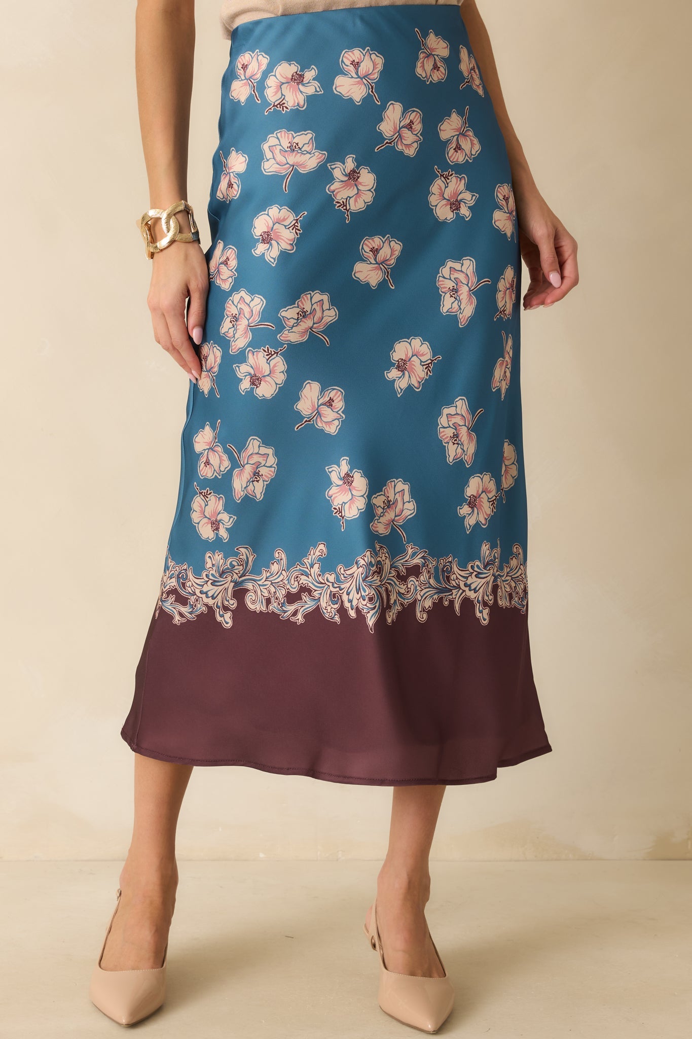 Don't Hold Back Blue Multi Floral Print Satin Maxi Skirt