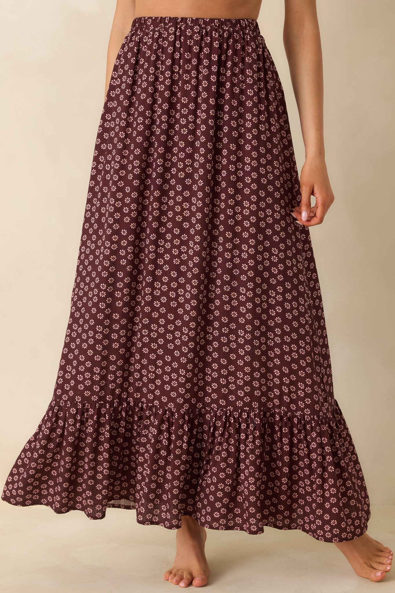 MINKPINK Sierra Burgundy Floral Ruffle Hem Maxi Skirt