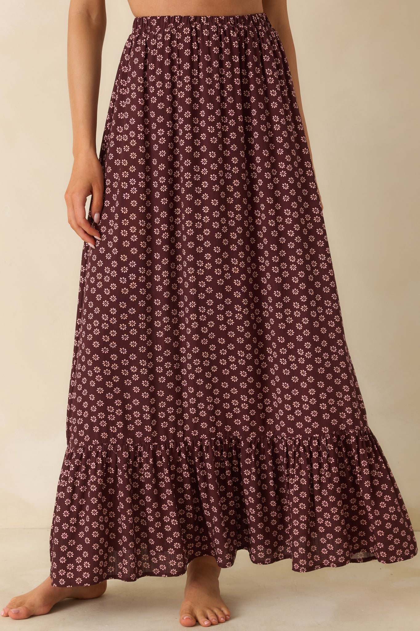 MINKPINK Sierra Burgundy Floral Ruffle Hem Maxi Skirt