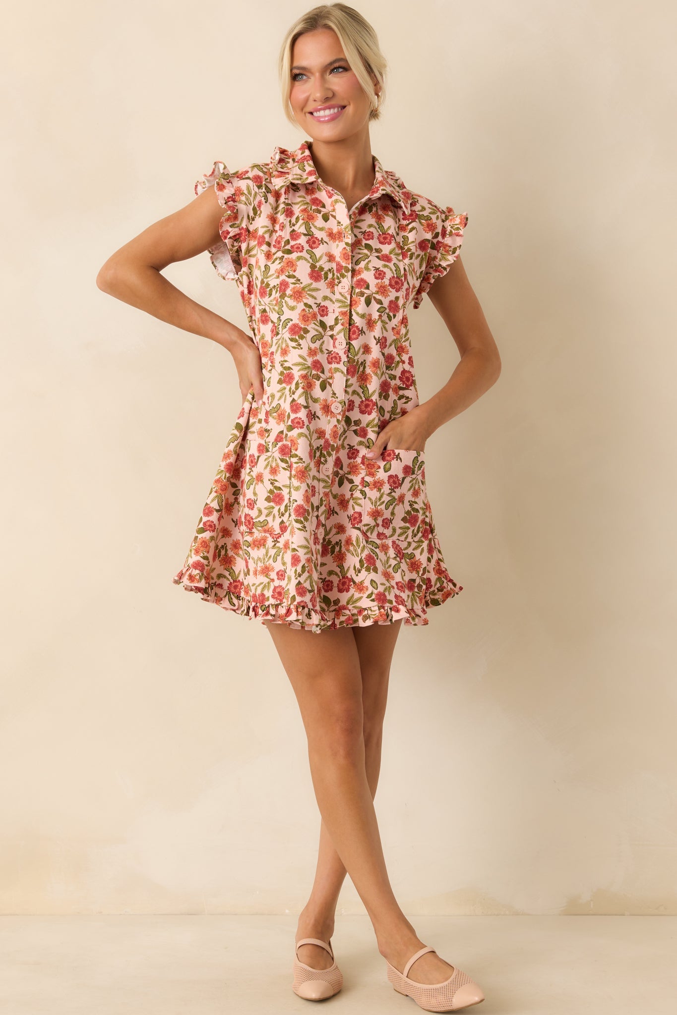 Saved By The Bell Light Pink Floral Button Front Cotton Denim Mini Dress