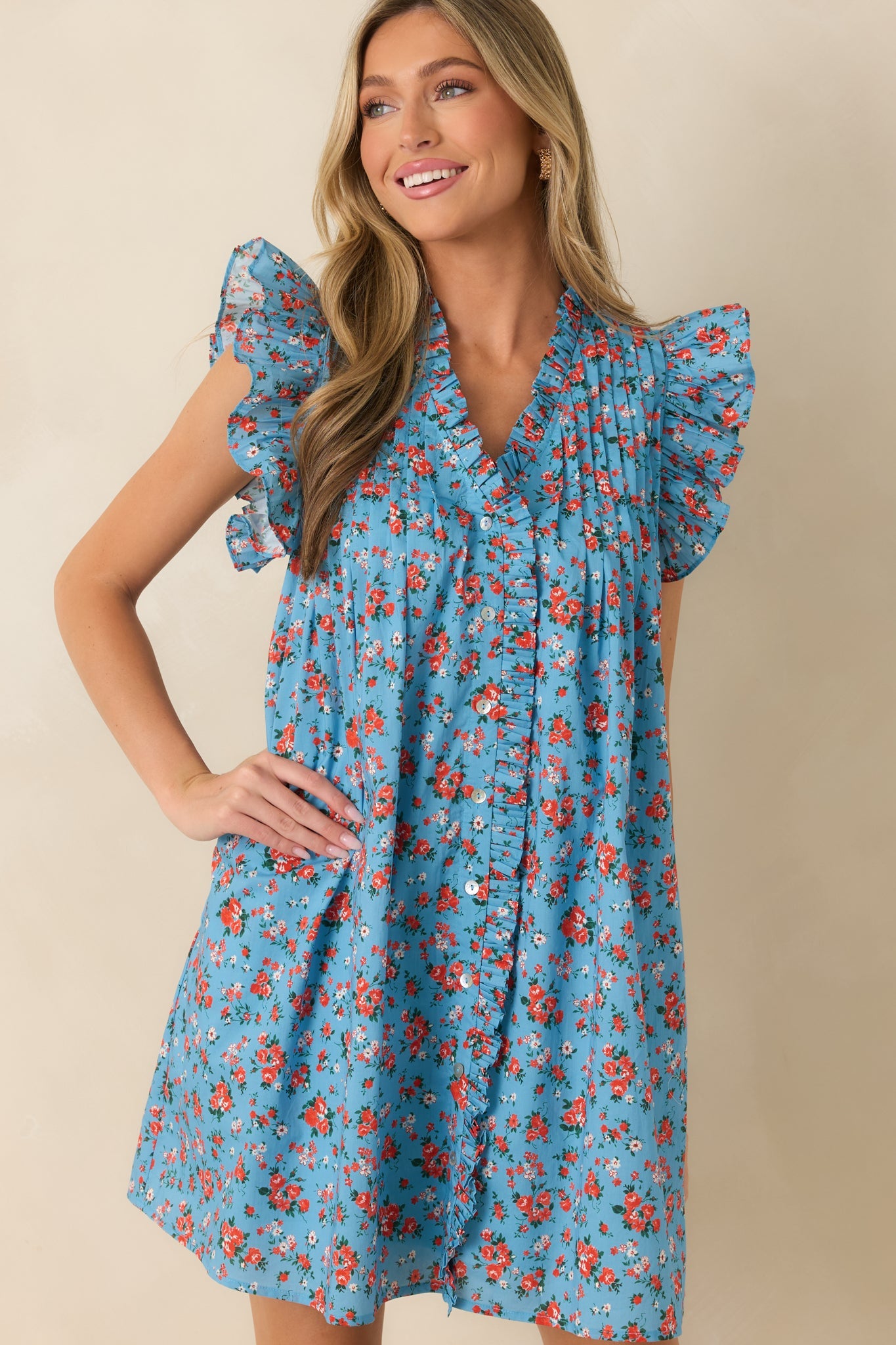 Picked For You Light Blue Floral Cotton Mini Dress
