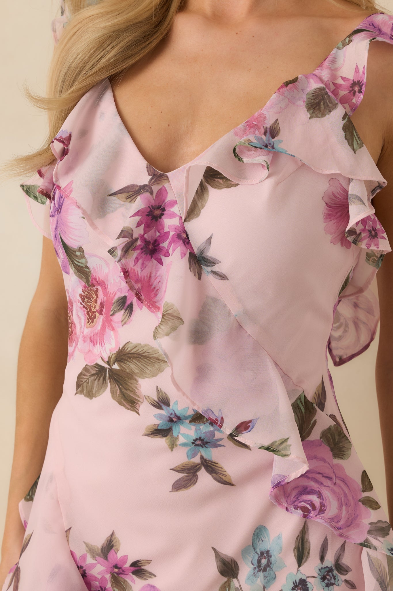 Into the Spell Lavender Multi Floral Ruffle Chiffon Sleeveless Maxi Dress