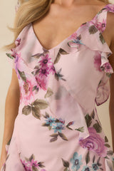 Into the Spell Lavender Multi Floral Ruffle Chiffon Sleeveless Maxi Dress