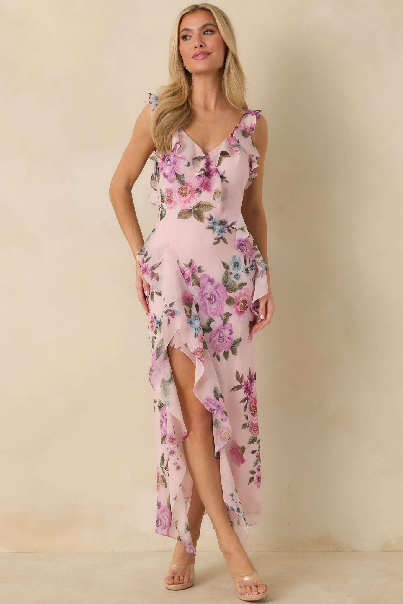 Into the Spell Lavender Multi Floral Ruffle Chiffon Sleeveless Maxi Dress