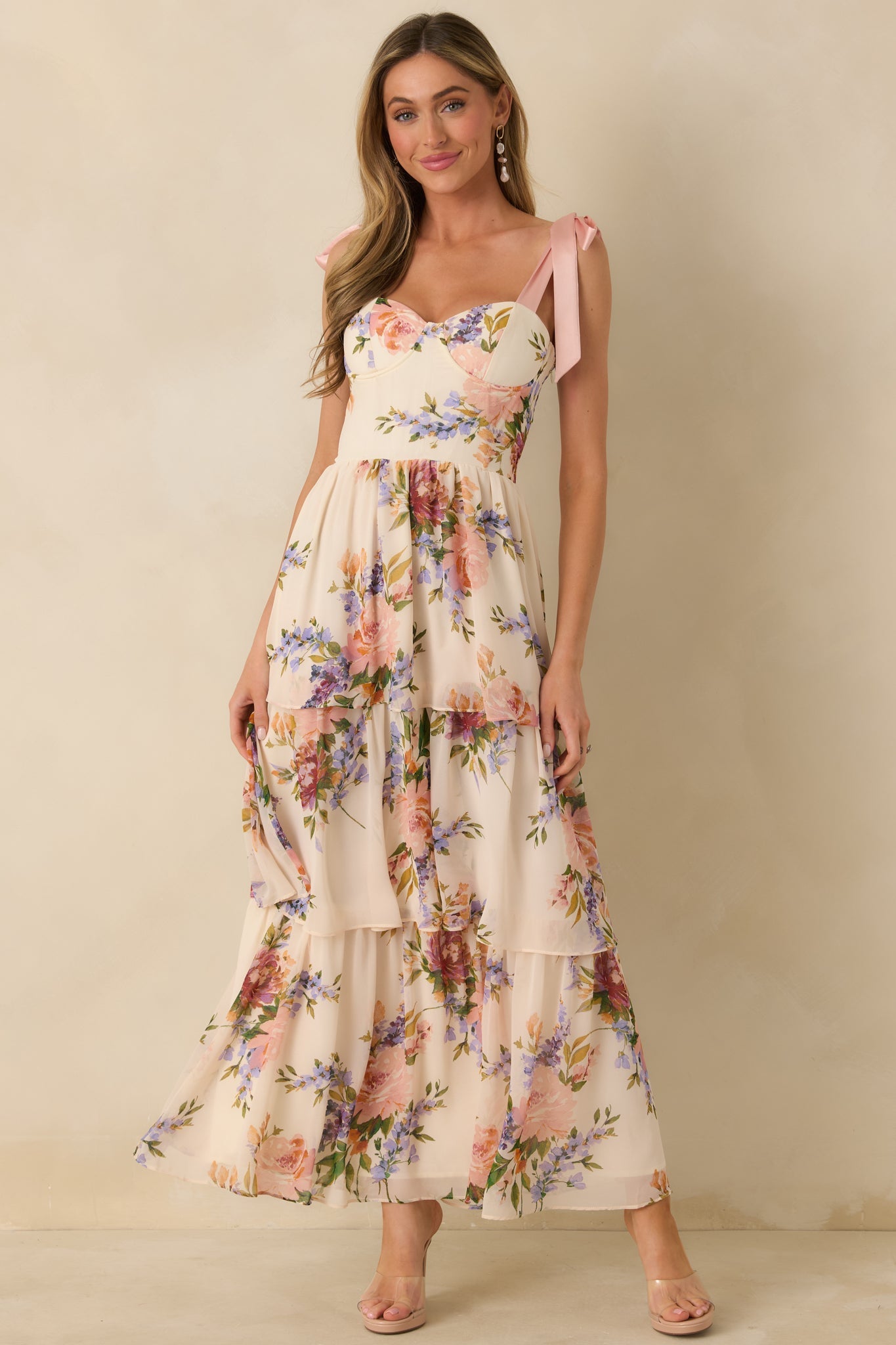 Written in Flowers Blush Pink Multi Floral Tie Strap Maxi Dress