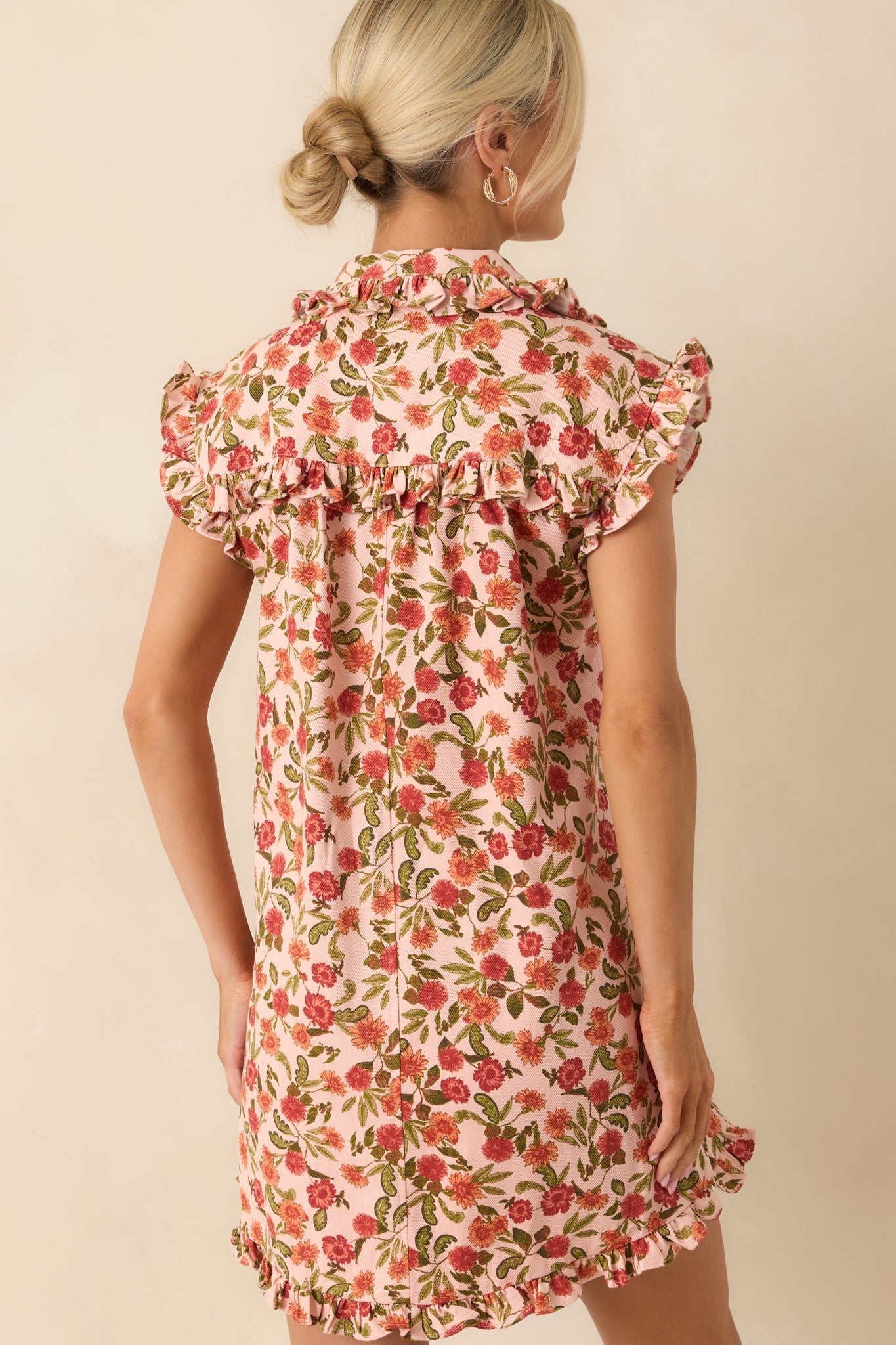 Saved By The Bell Light Pink Floral Button Front Cotton Denim Mini Dress