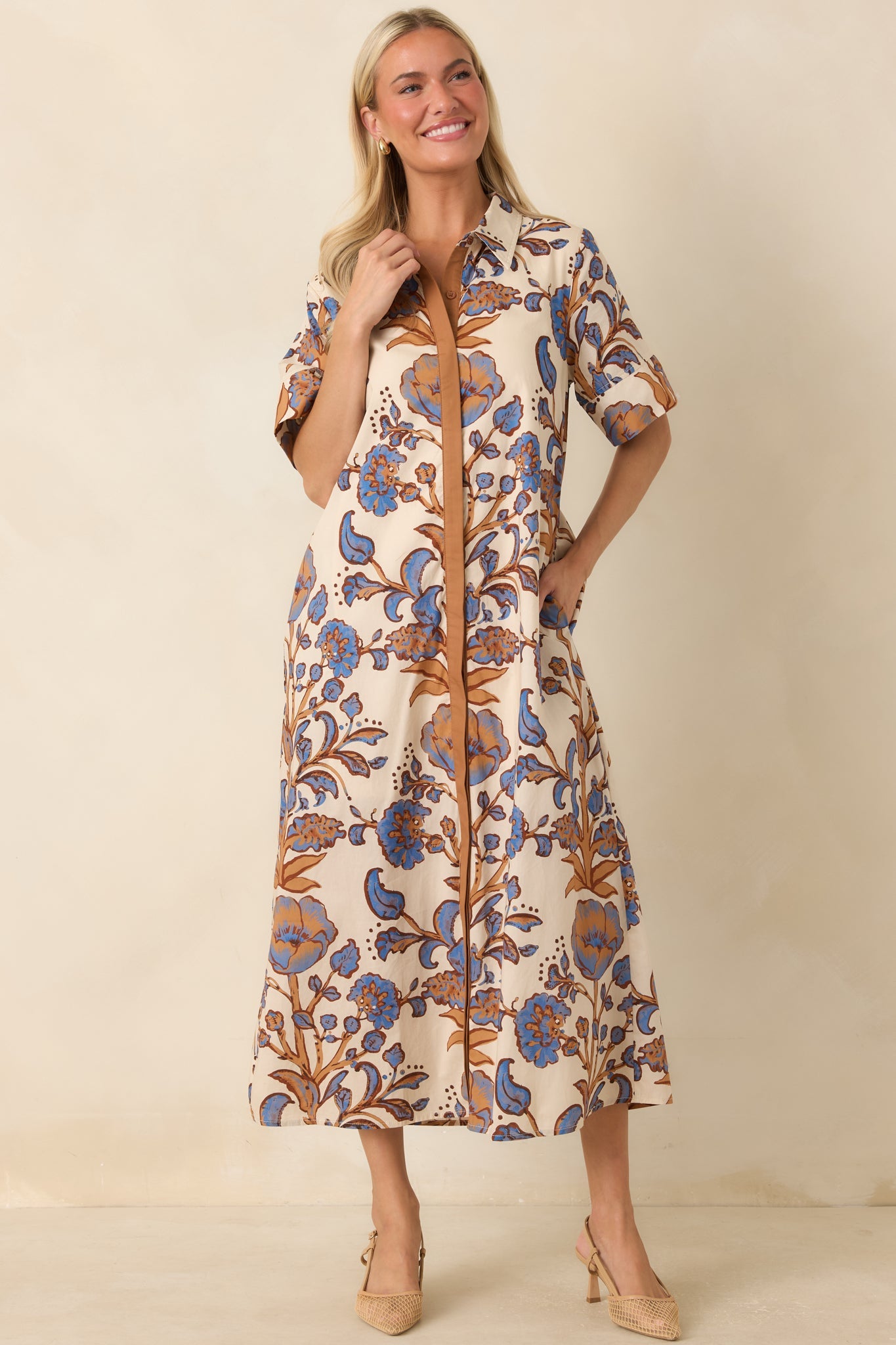 Collected Along the Way Tan & Blue Floral Midi Shirt Dress