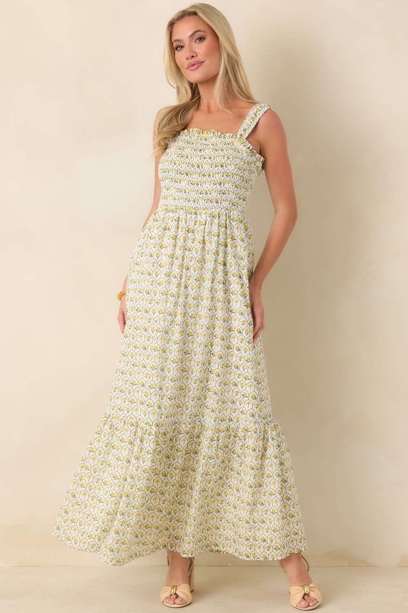 Pretty Unbothered Yellow Multi Floral Cotton Tiered Maxi Dress