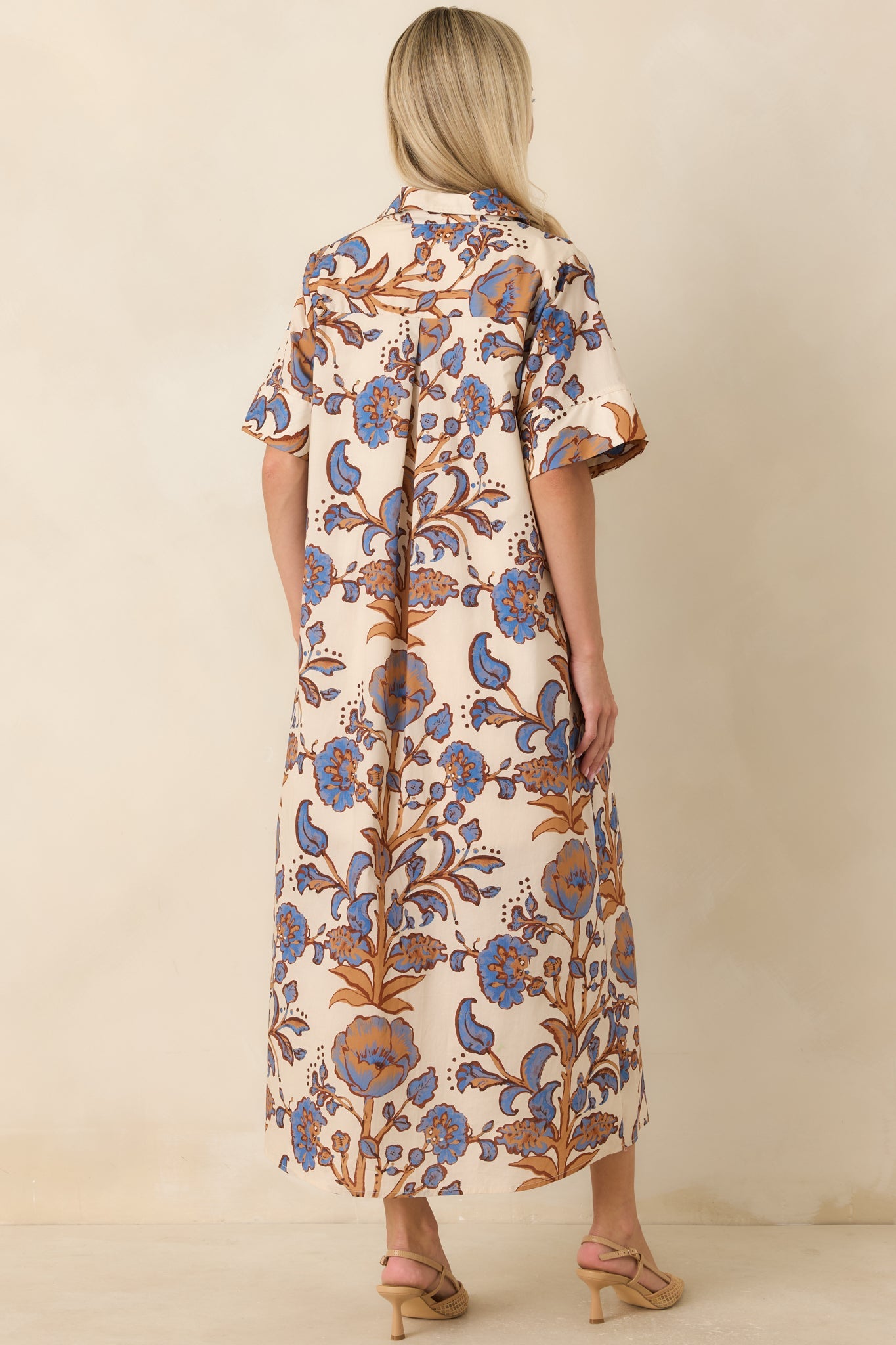 Collected Along the Way Tan & Blue Floral Midi Shirt Dress