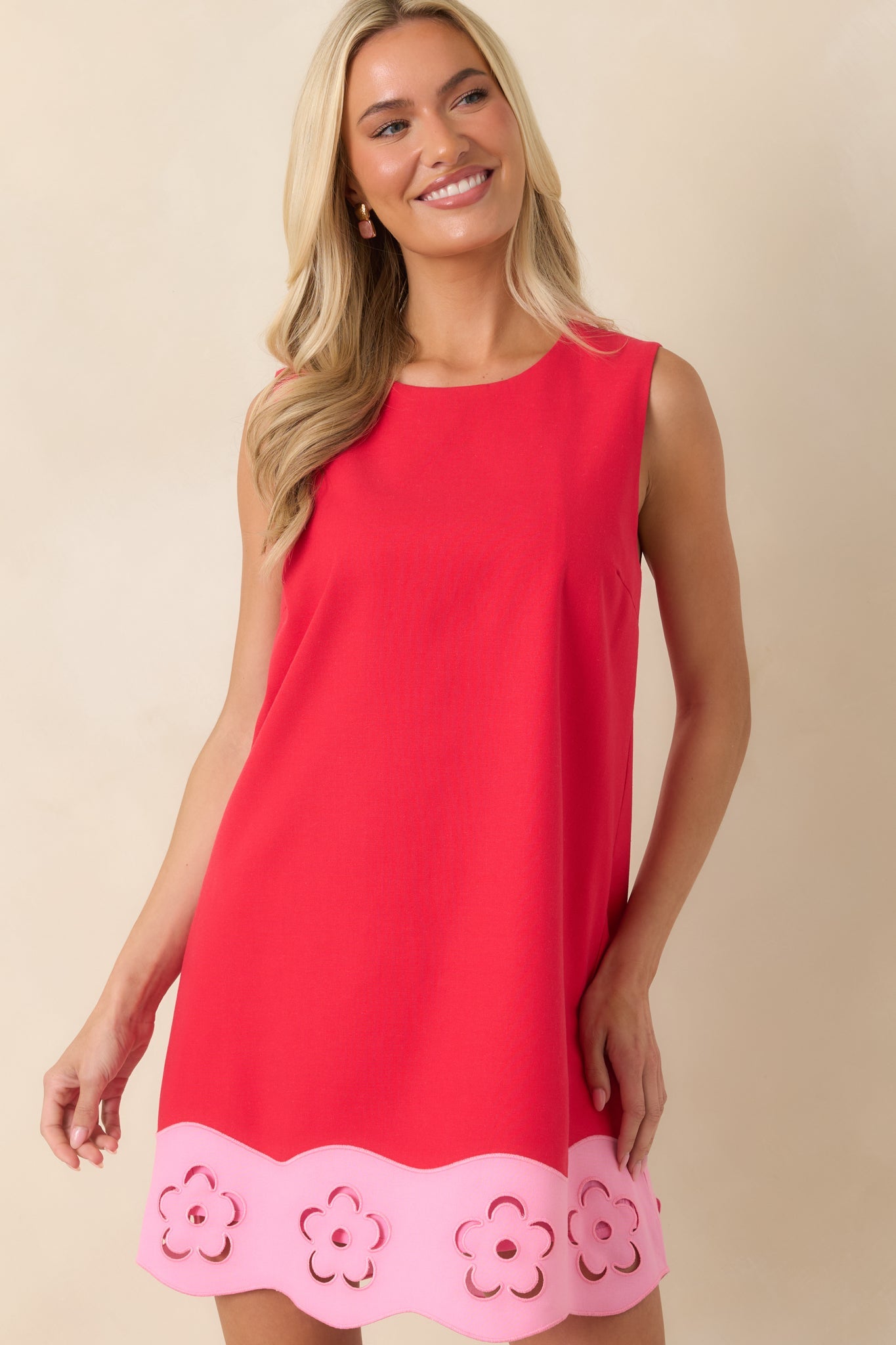 Fresh Cut Flowers Red Floral Detail Sleeveless Mini Dress