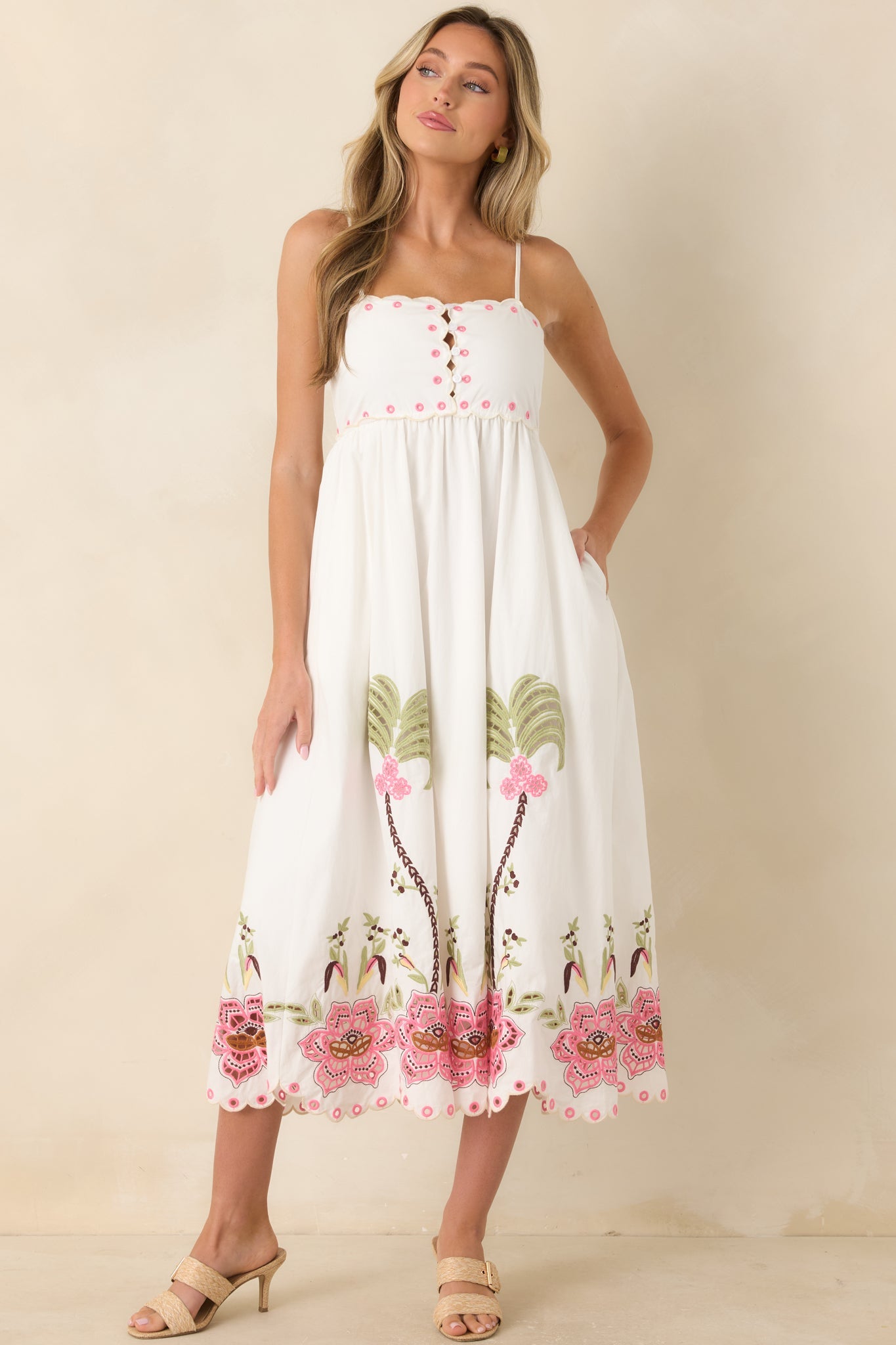 Pink Paradise White Multi Floral Embroidered Cotton Midi Dress