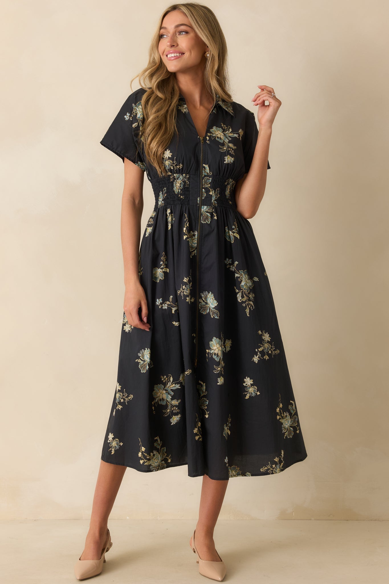 Always Welcome Navy Multi Floral Print Cotton Smocked Waist Midi Dress