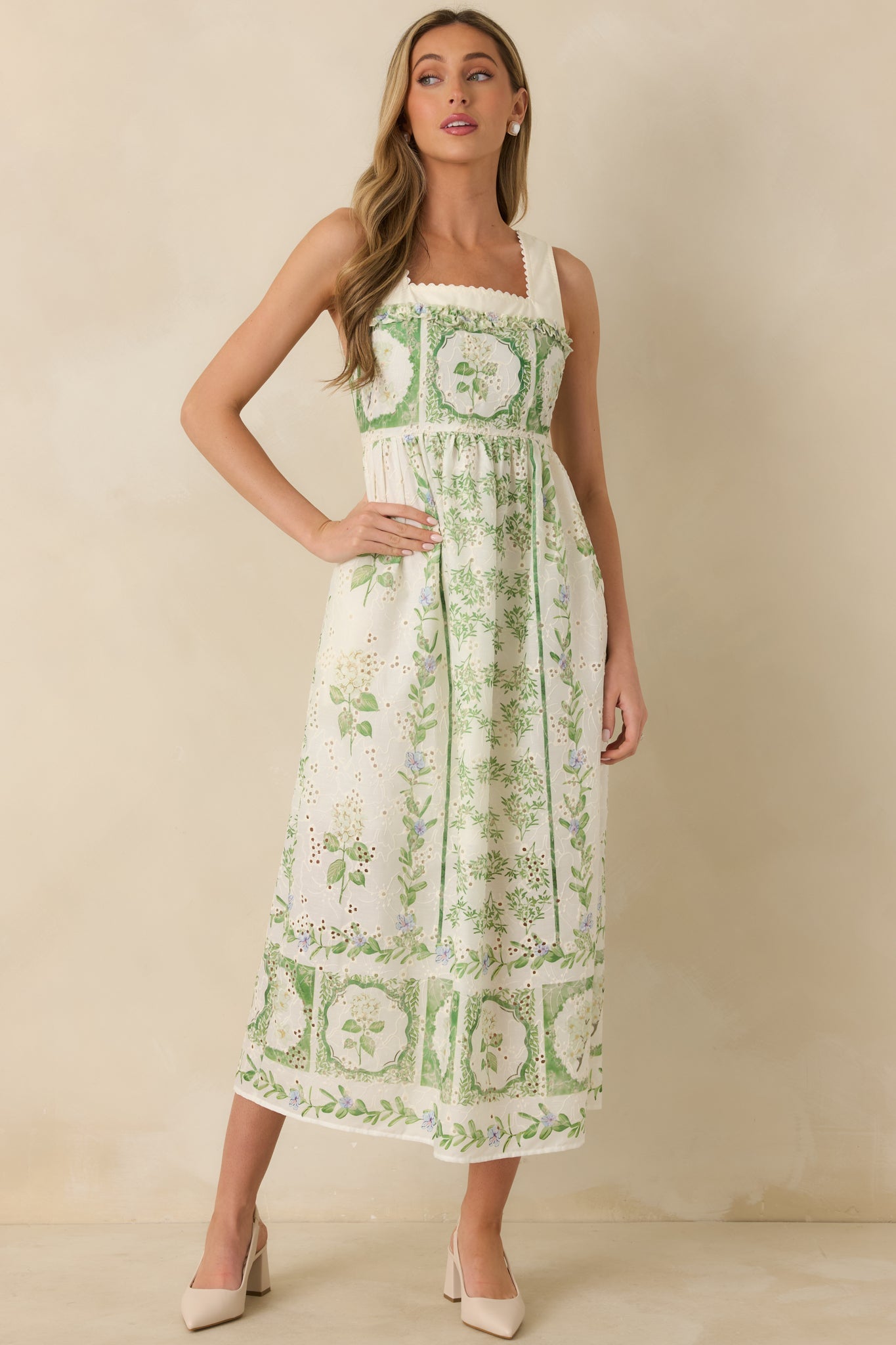 Spring Forward Ivory & Green Floral Eyelet Sleeveless Maxi Dress