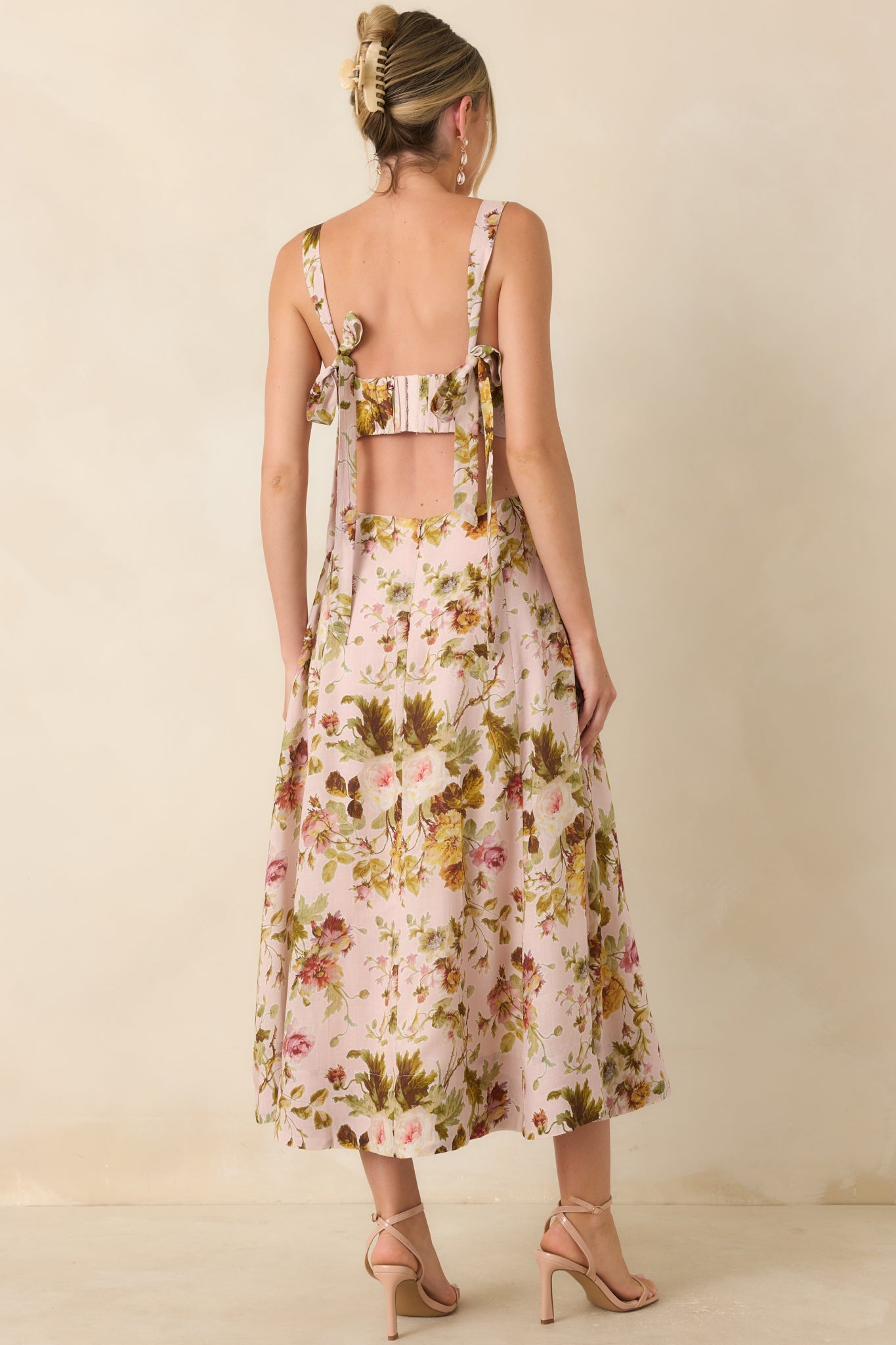 ASTR The Label Ciana Pink & Green Floral Linen Midi Dress