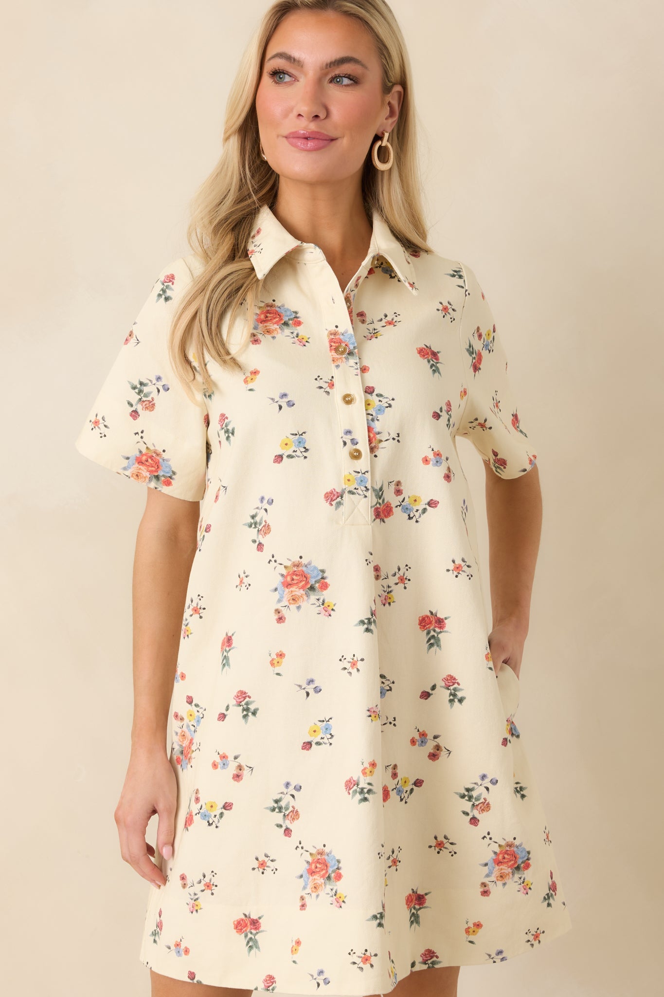 Just Around the Corner Ivory Multi Floral Cotton Mini Dress