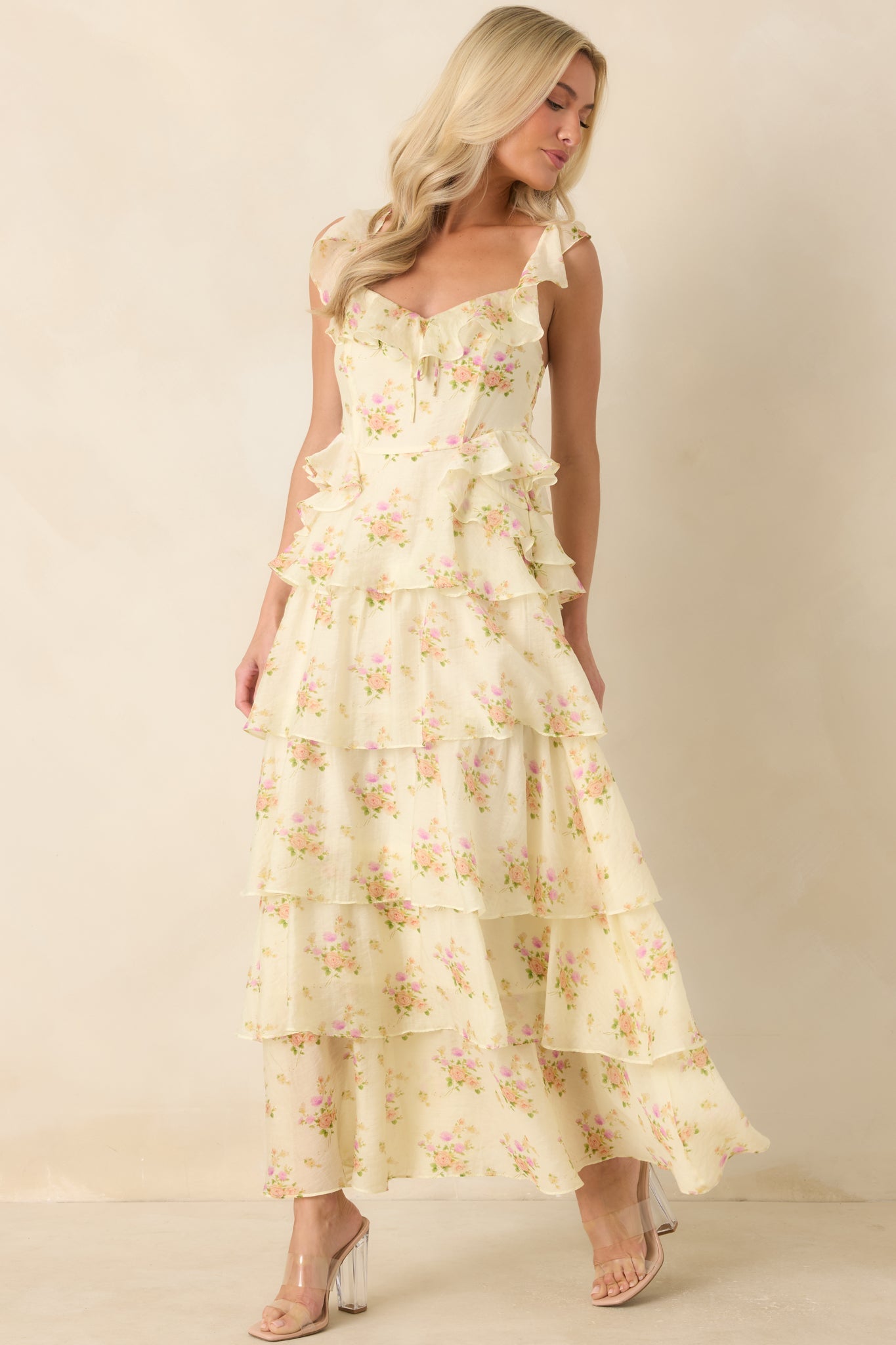 ASTR The Label Adessa Yellow Floral Ruffle Tiered Maxi Dress