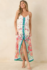 Floral Fantasy Green & Coral Pink Floral Maxi Dress