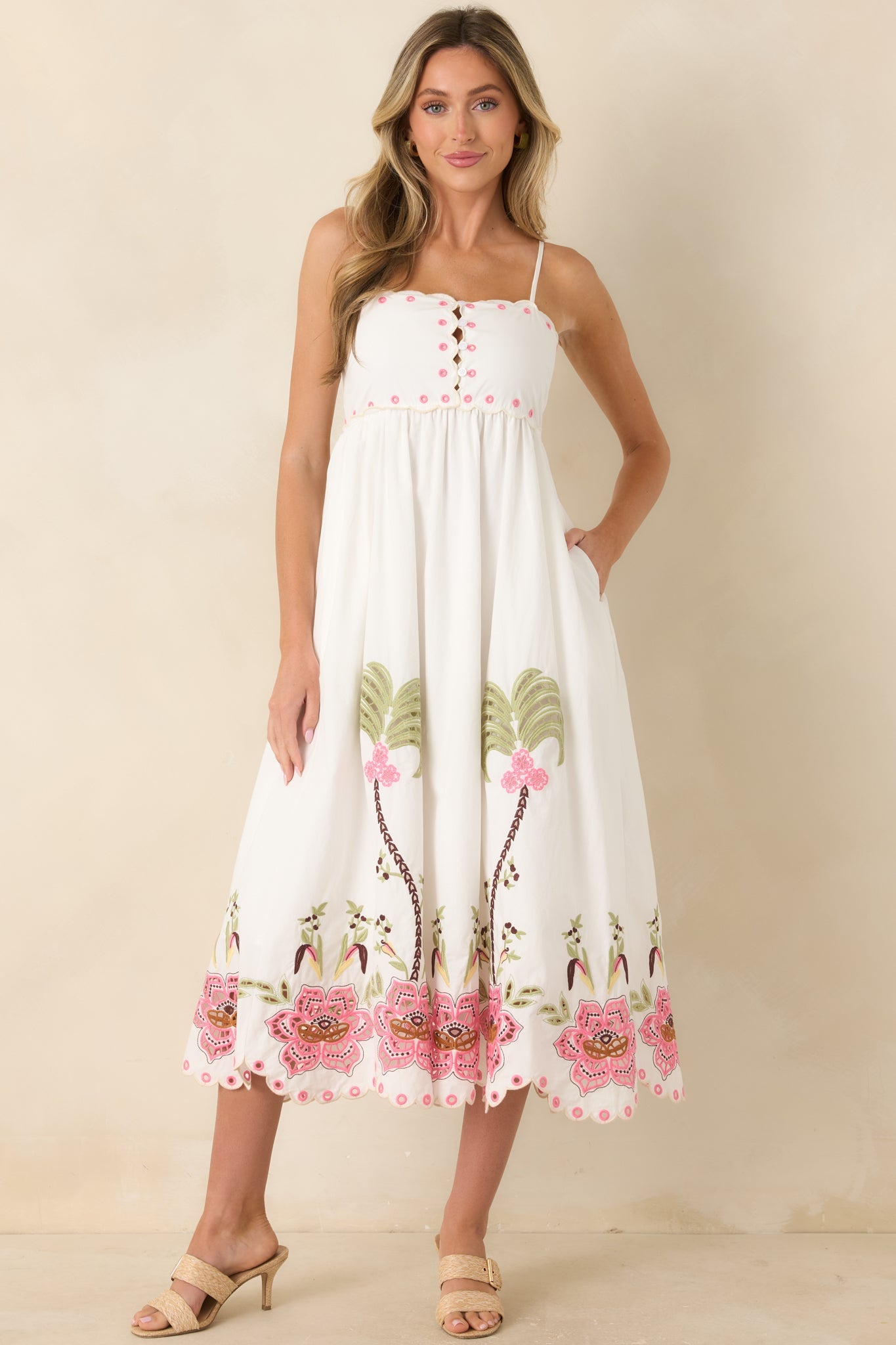 Pink Paradise White Multi Floral Embroidered Cotton Midi Dress
