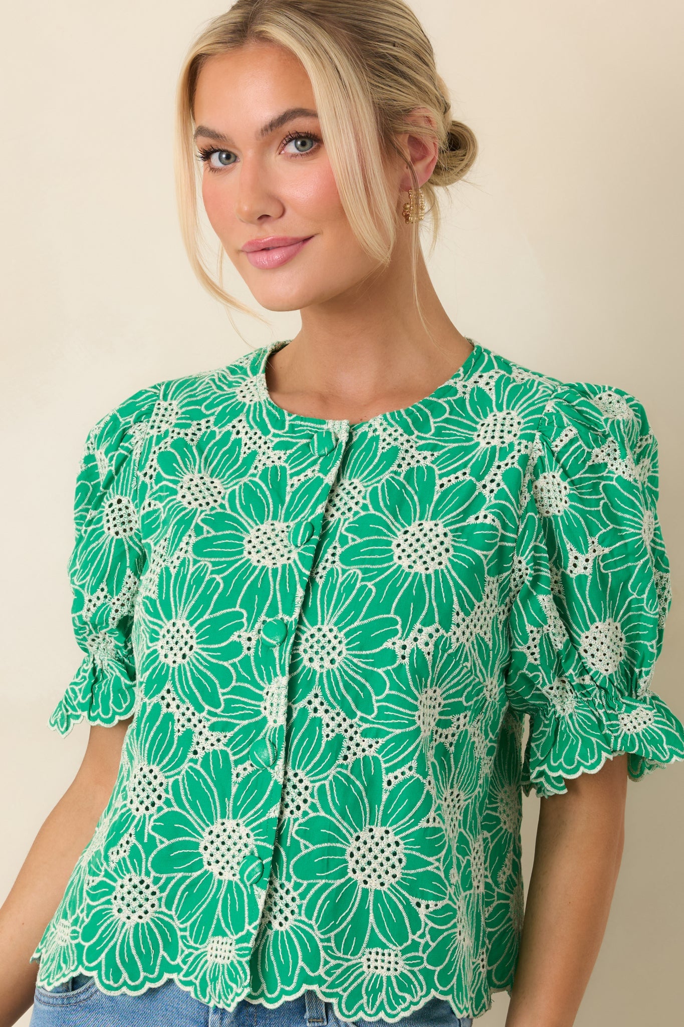 Look At You Green Cotton Floral Embroidered Button Front Top
