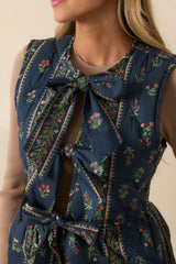 After All Is Said Navy Multi Floral Print Bow Front Quilted Vest