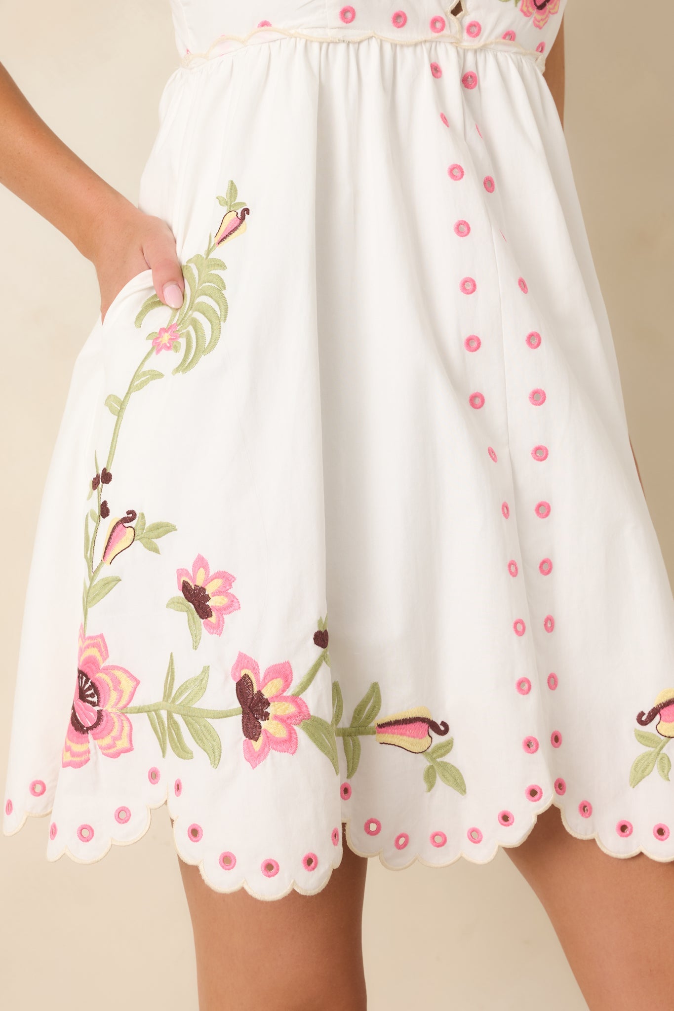 Meet Me in Paradise White Multi Floral Embroidered Cotton Mini Dress