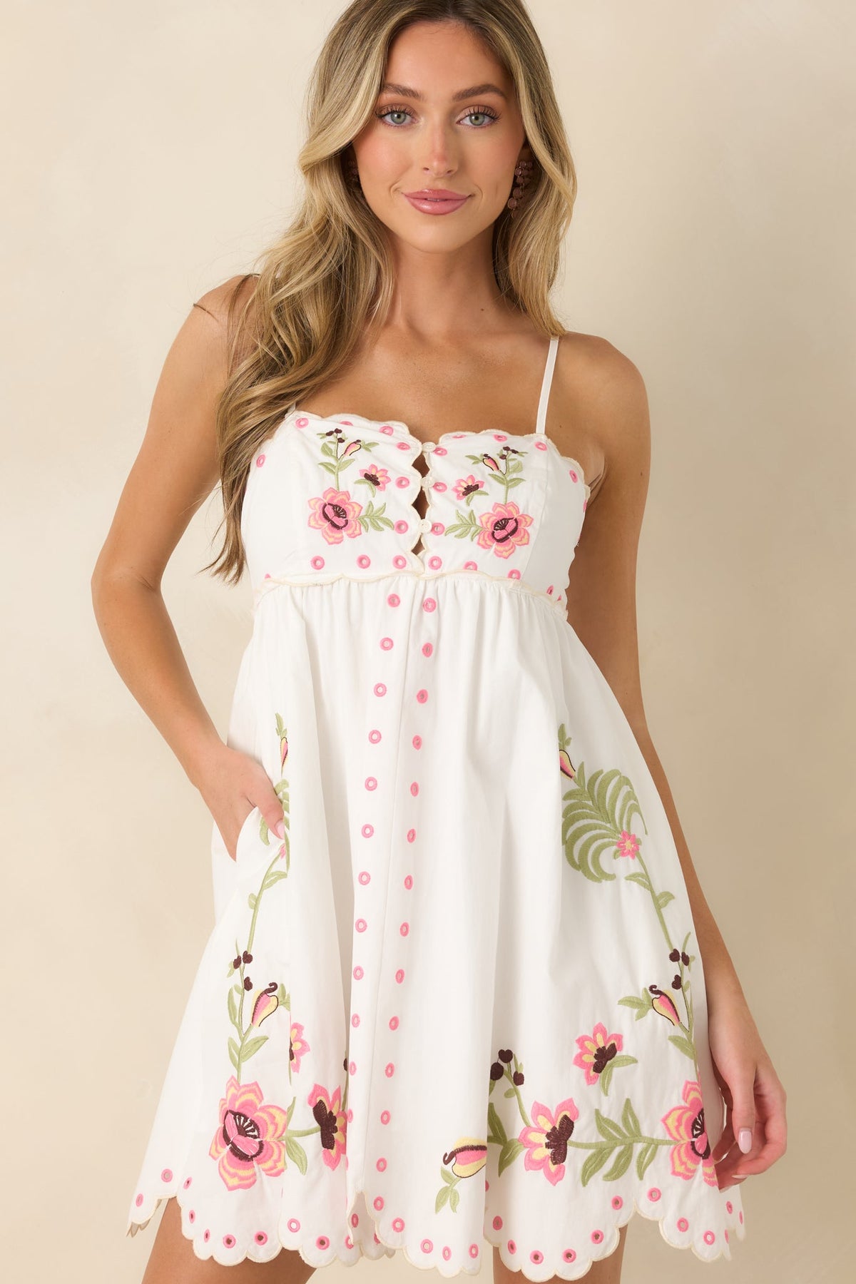 Meet Me in Paradise White Multi Floral Embroidered Cotton Mini Dress