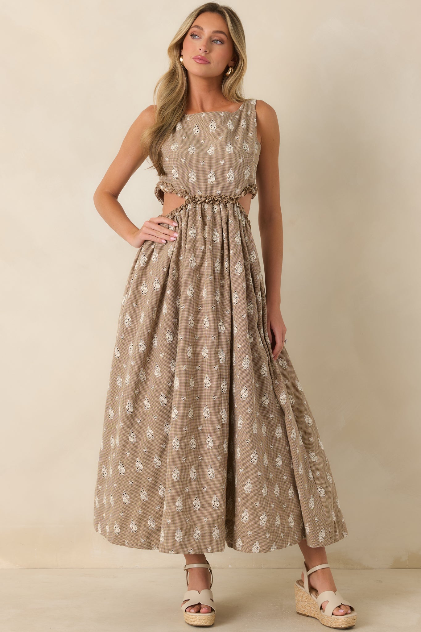FRNCH Stellaria Brown Cotton Floral Eyelet Cut-Out Maxi Dress