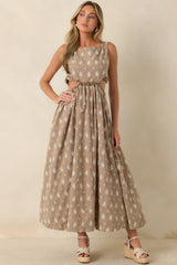 FRNCH Stellaria Brown Cotton Floral Eyelet Cut-Out Maxi Dress