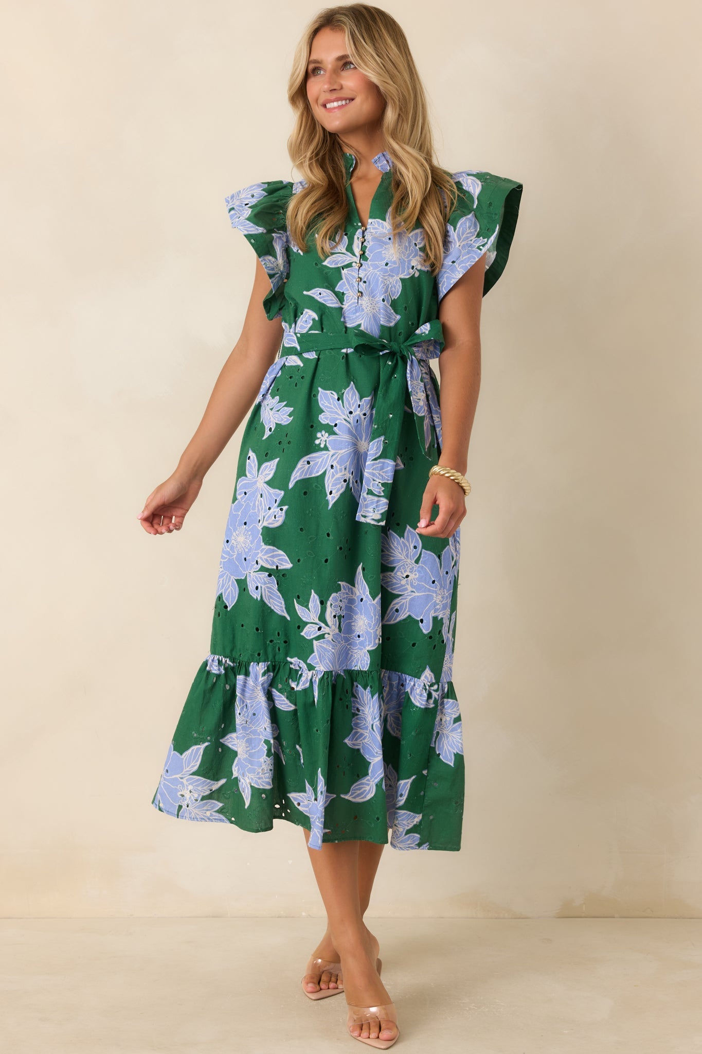 Fresh Air Affair Hunter Green & Blue Floral Cotton Eyelet Midi Dress