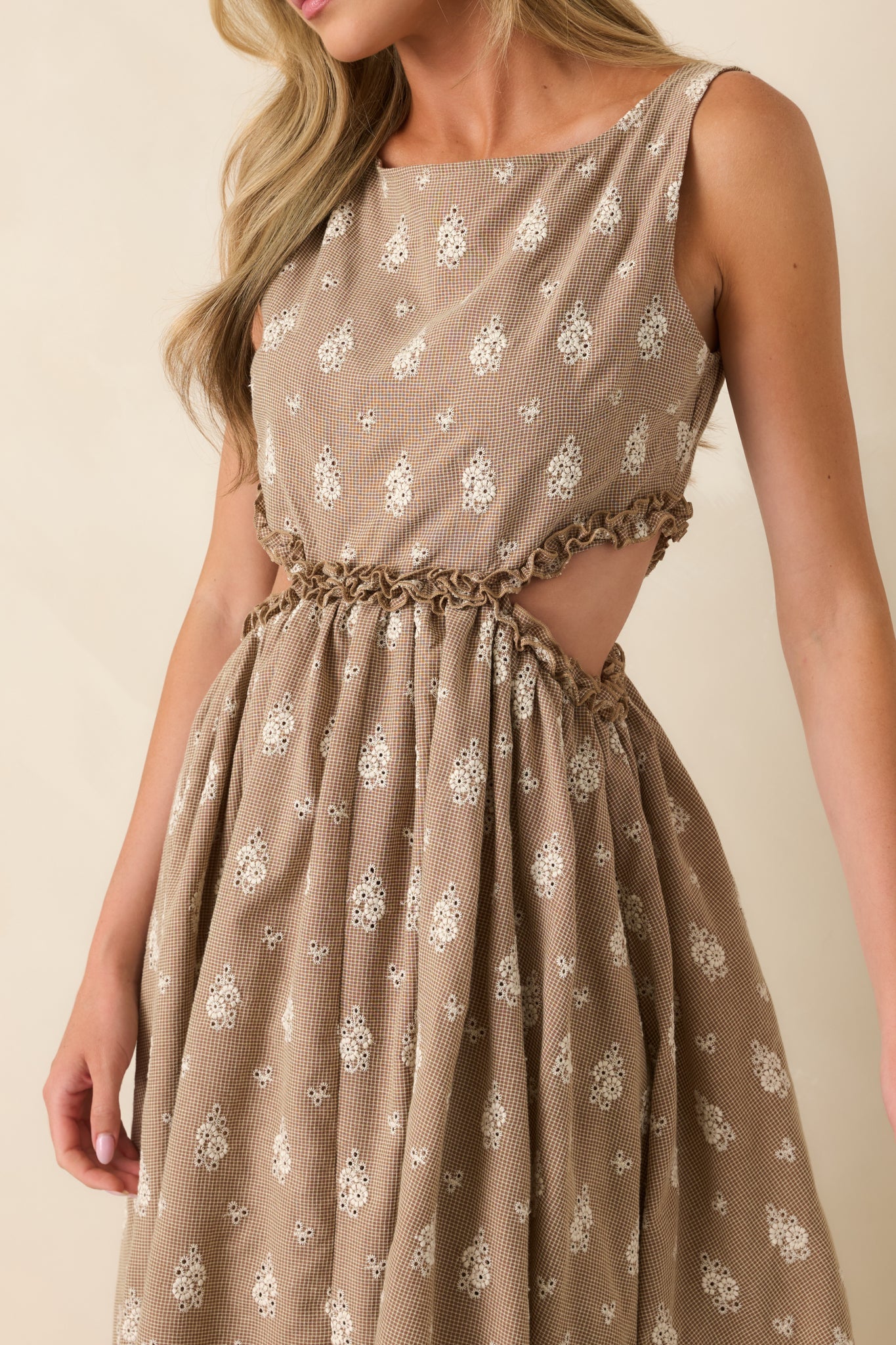 FRNCH Stellaria Brown Cotton Floral Eyelet Cut-Out Maxi Dress