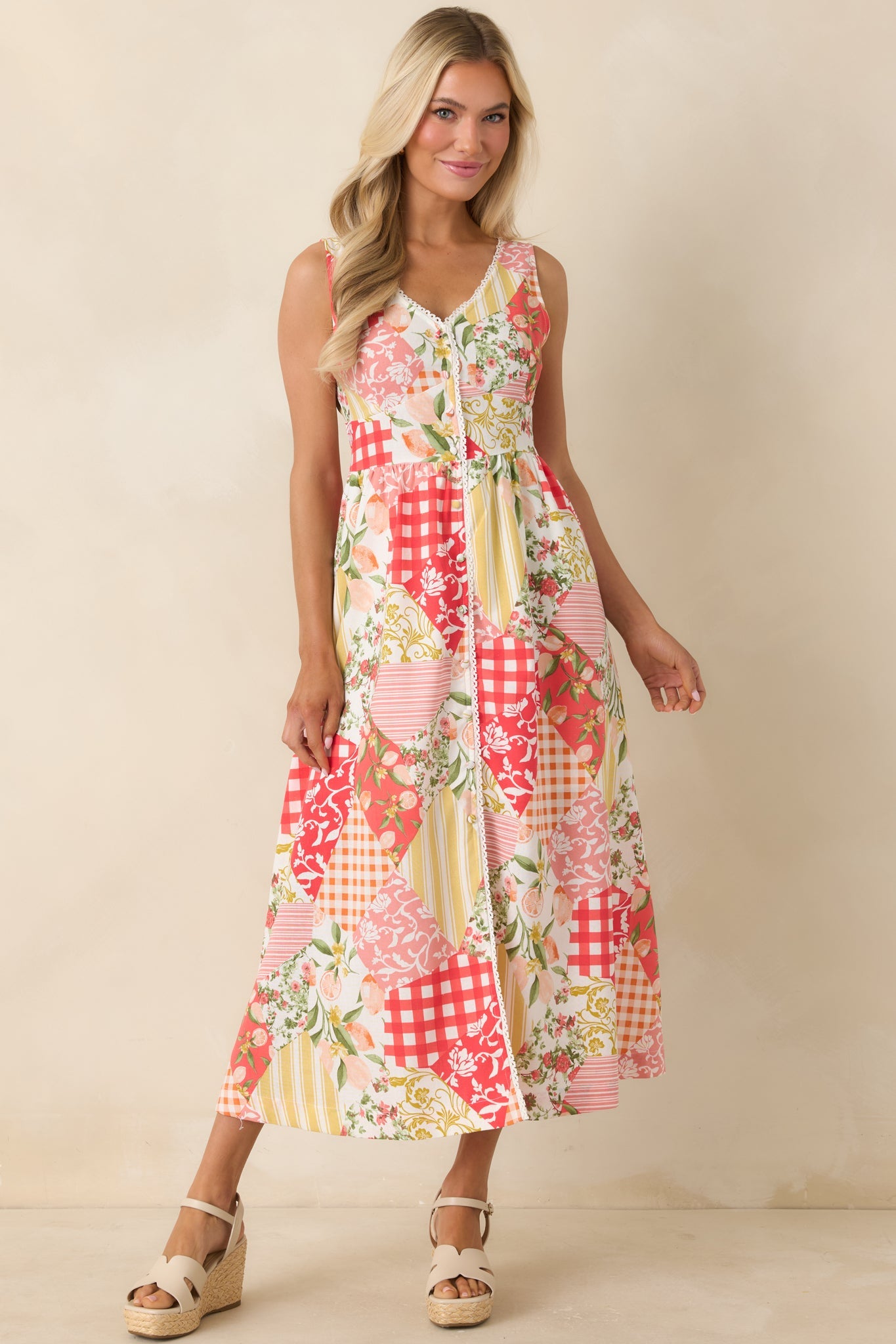 Sweet on Sunshine Red Multi Patchwork Print Midi Dress