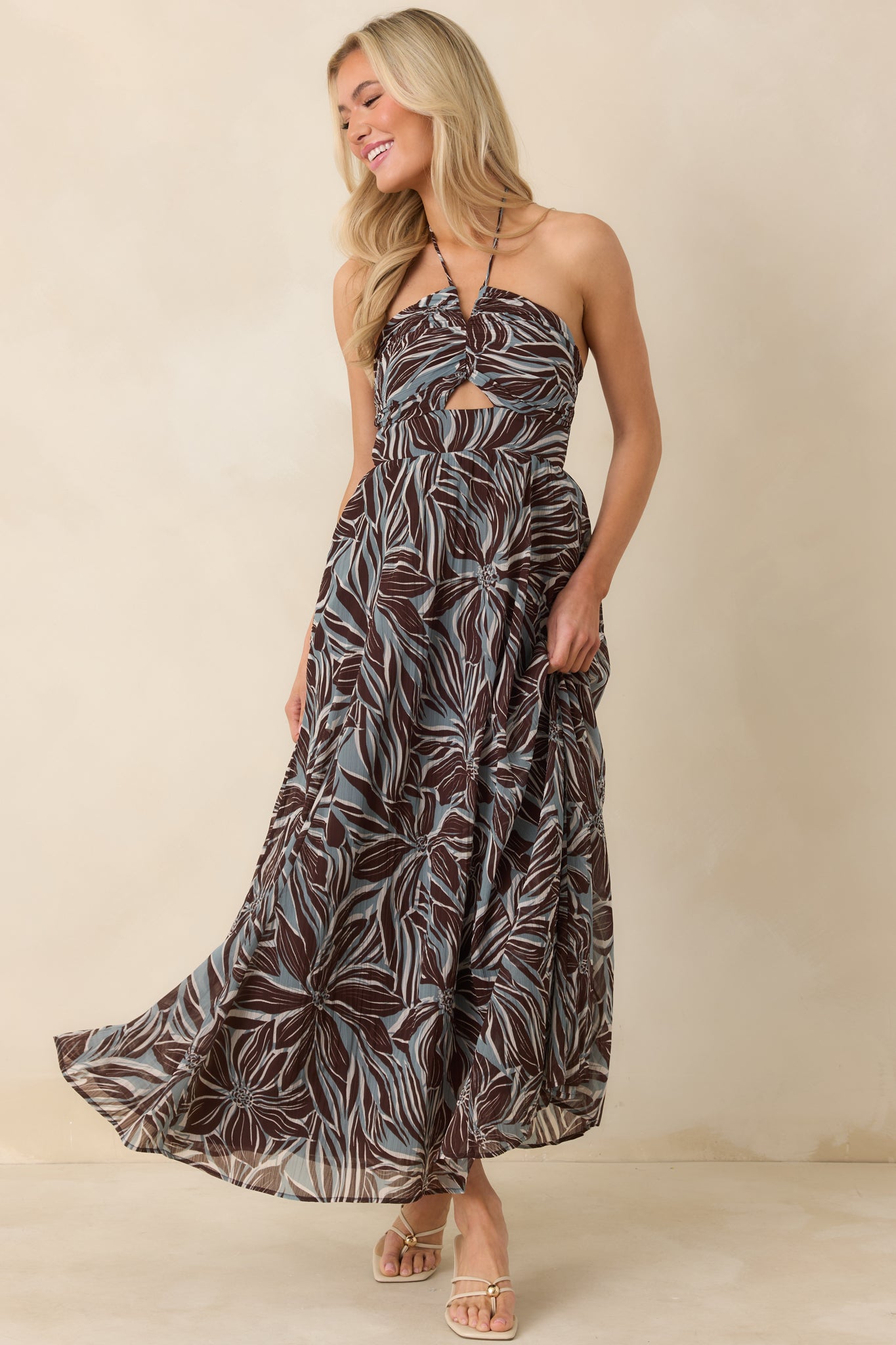 Z Supply Chocolate Brown Multi Lanie Zinn Floral Halter Maxi Dress