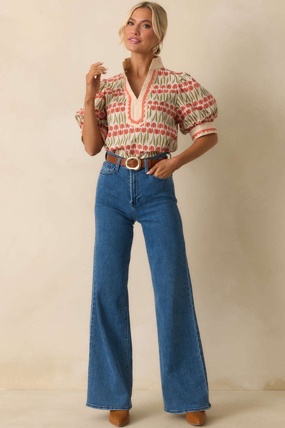 She's Got Time Ivory Tulip Floral Print Cotton Puff Sleeve Top