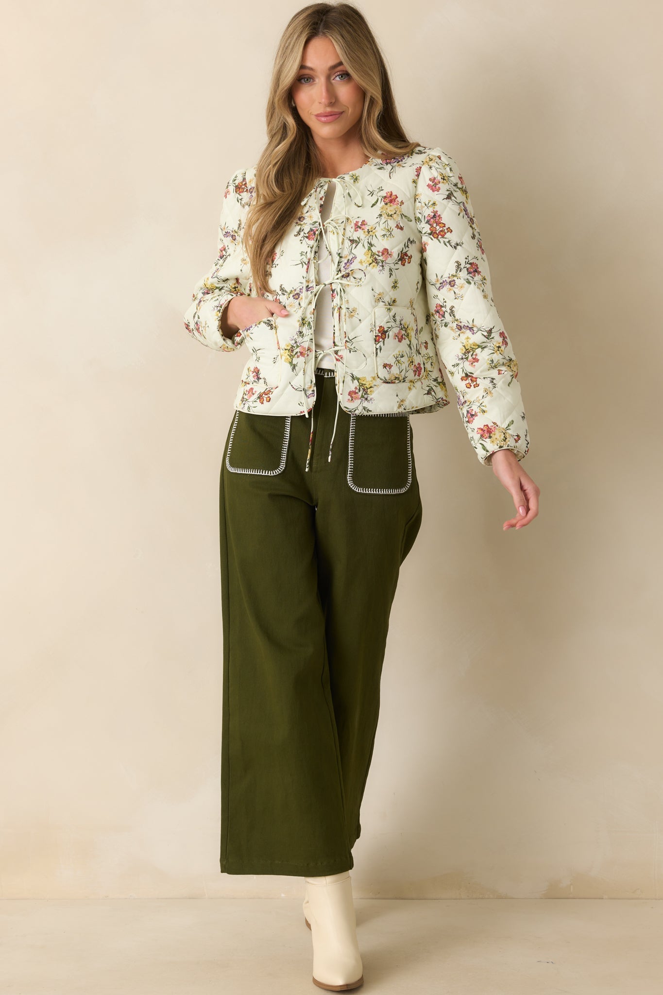 Just How It Is Ivory Multi Floral Print Quilted Cotton Jacket
