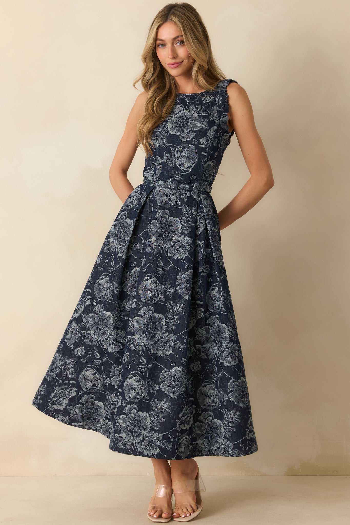 Here's The Thing Navy Floral Denim Jacquard Sleeveless Maxi Dress