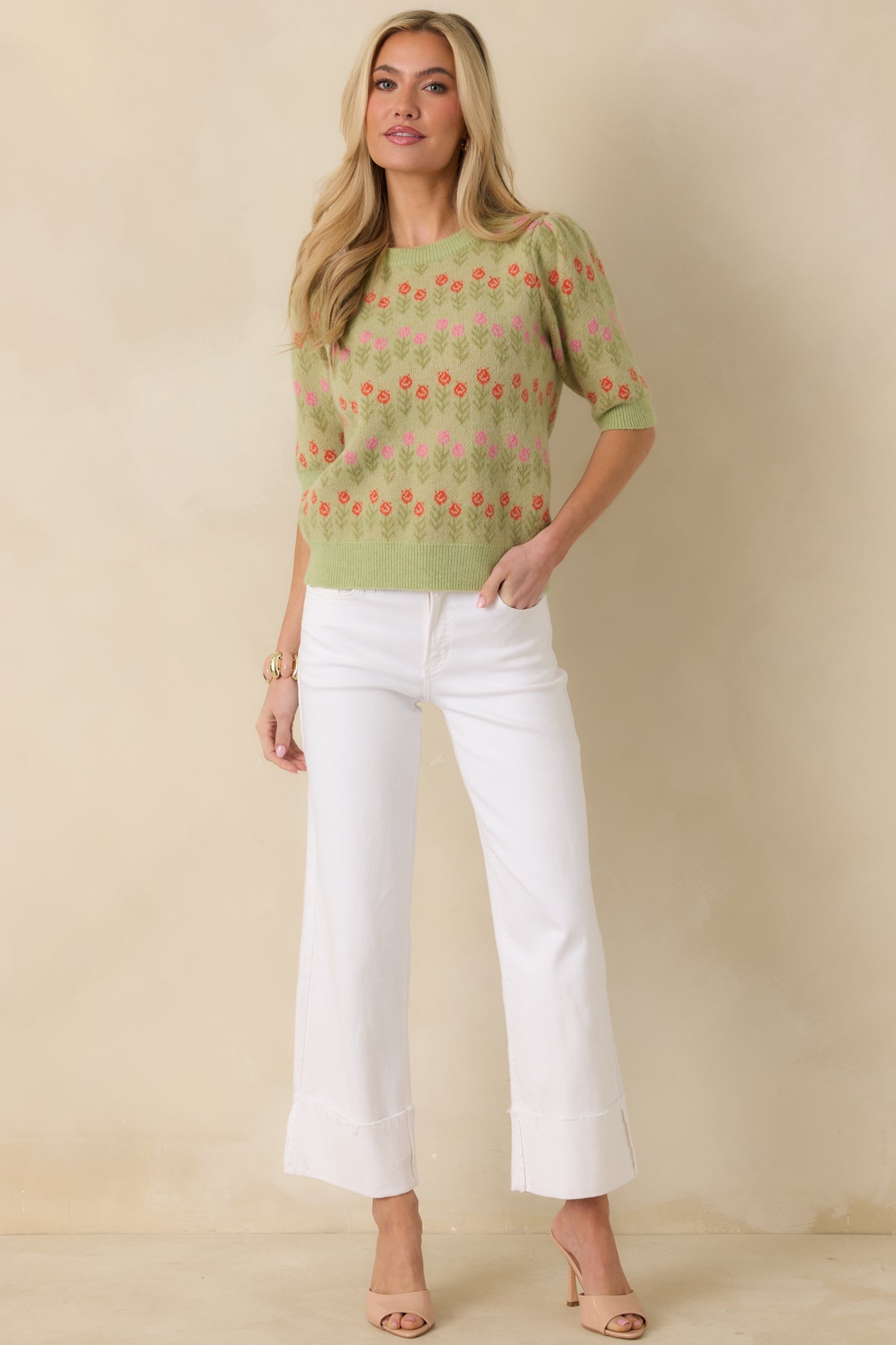 Blushing Meadow Light Green Multi Floral Knit Sweater