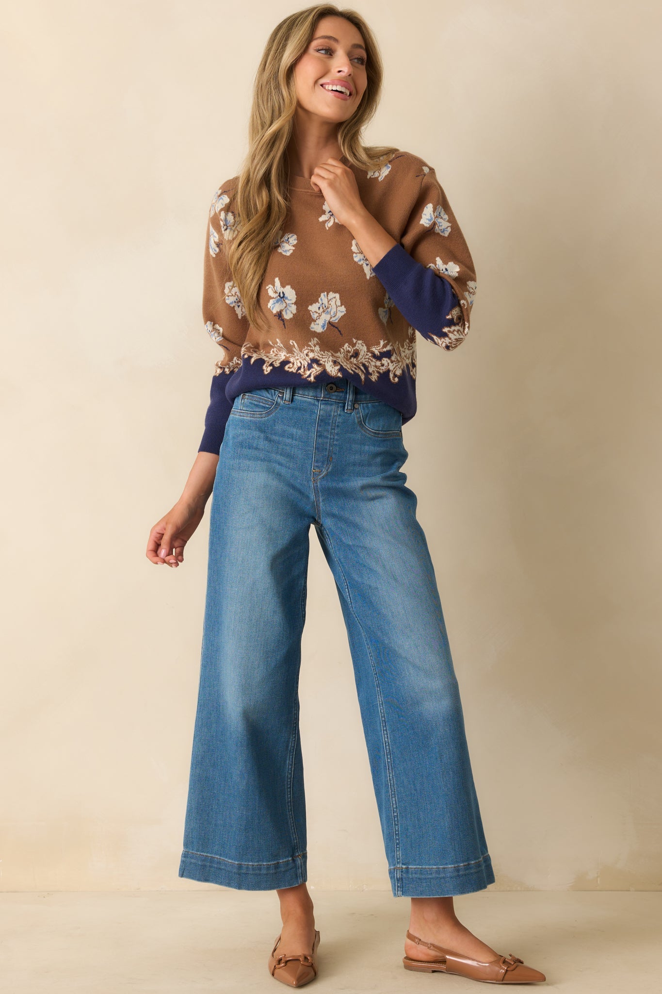 That's How I See It Caramel Brown Multi Floral Jacquard Knit Sweater