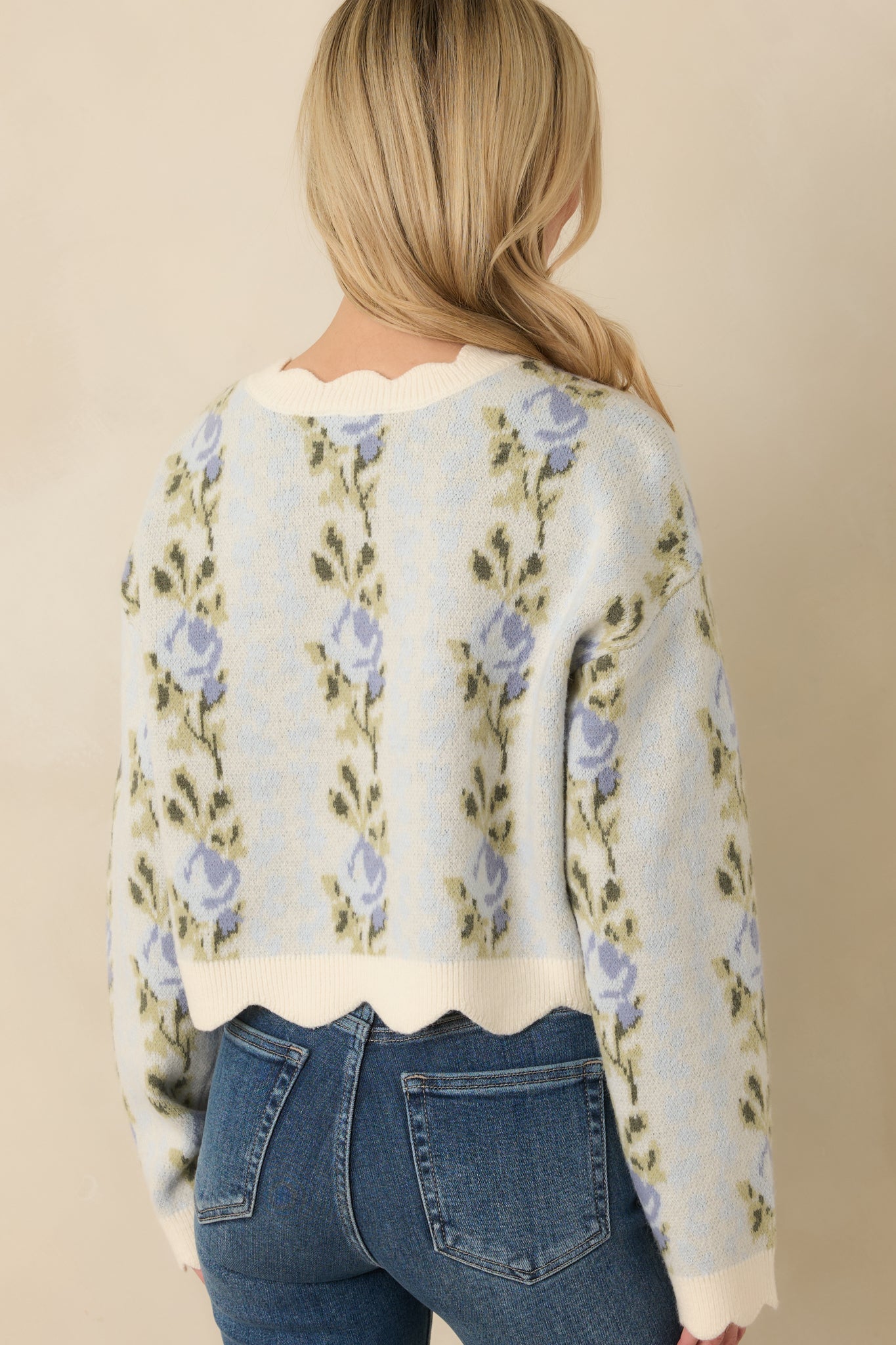 Petal Promises Blue Floral Knit Scallop Edge Sweater